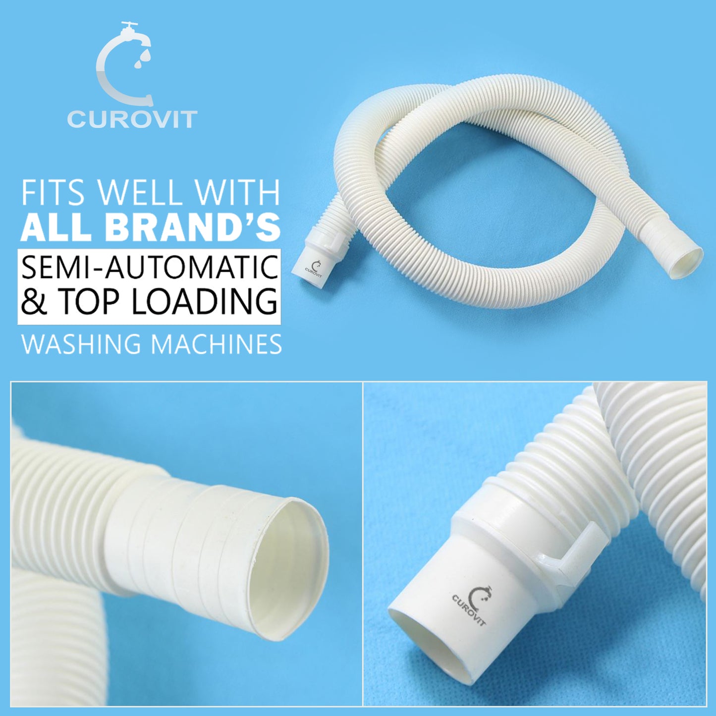 CUROVIT PVC Washing Machine Flexible Water Outlet Drain Pipe 1.3 Meter Water Hose Suitable for Fully Automatic & Semi Automatic Washing Machine (White)