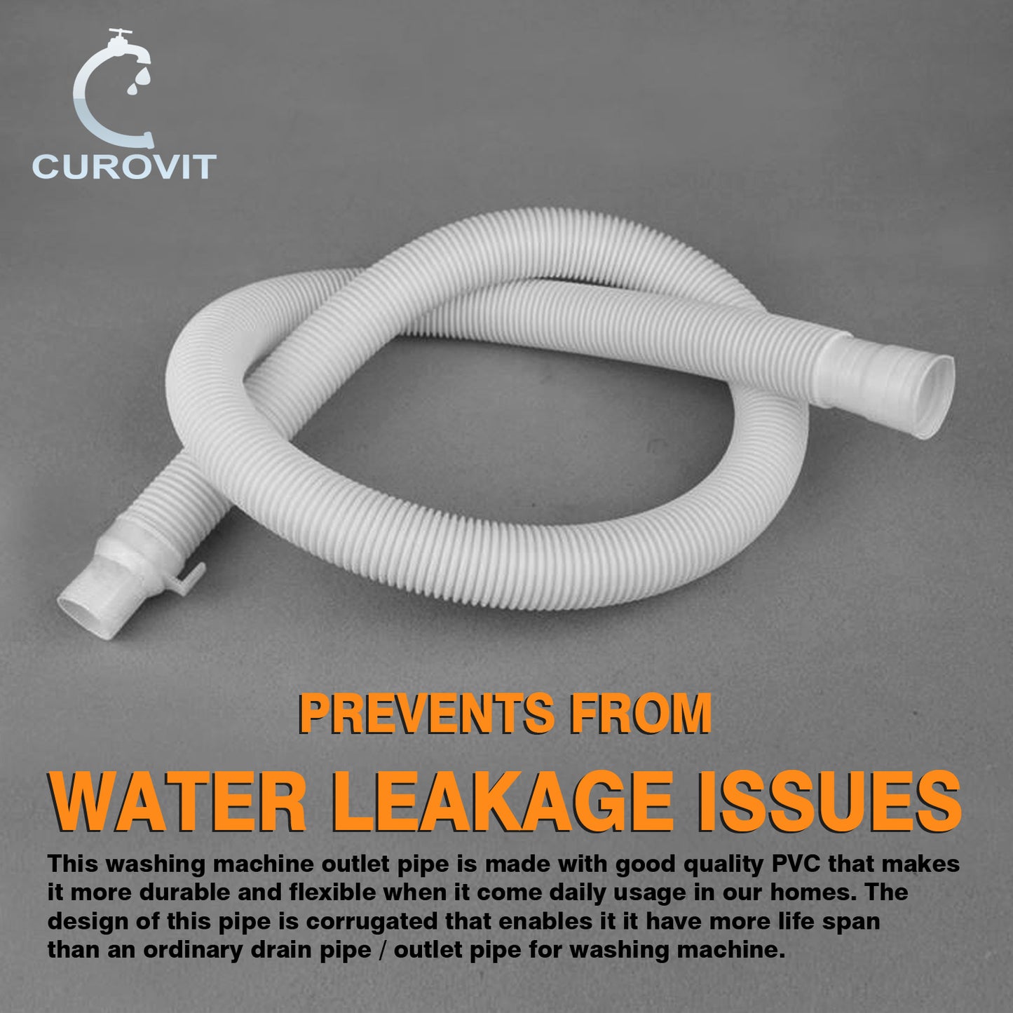 CUROVIT PVC Washing Machine Flexible Water Outlet Drain Pipe 1.3 Meter Water Hose Suitable for Fully Automatic & Semi Automatic Washing Machine (White)