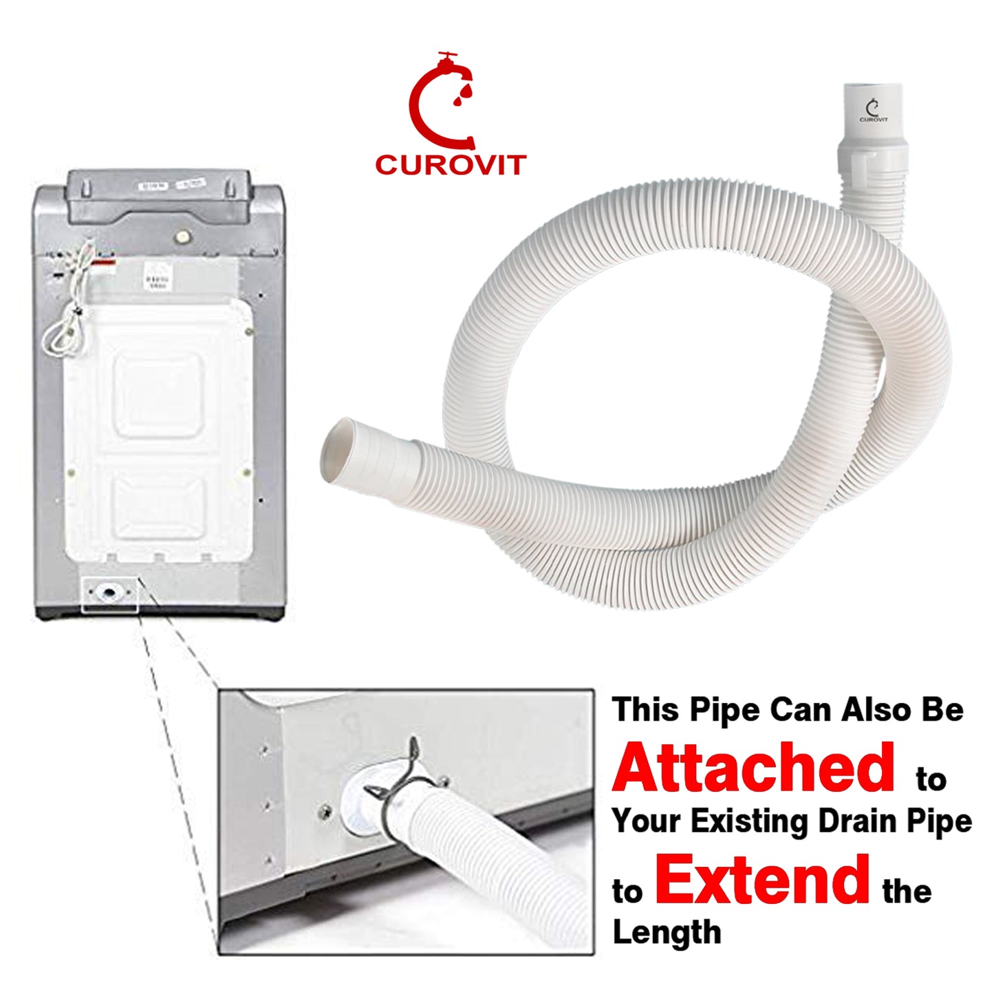 CUROVIT PVC Washing Machine Flexible Water Outlet Drain Pipe 1.3 Meter Water Hose Suitable for Fully Automatic & Semi Automatic Washing Machine (White)