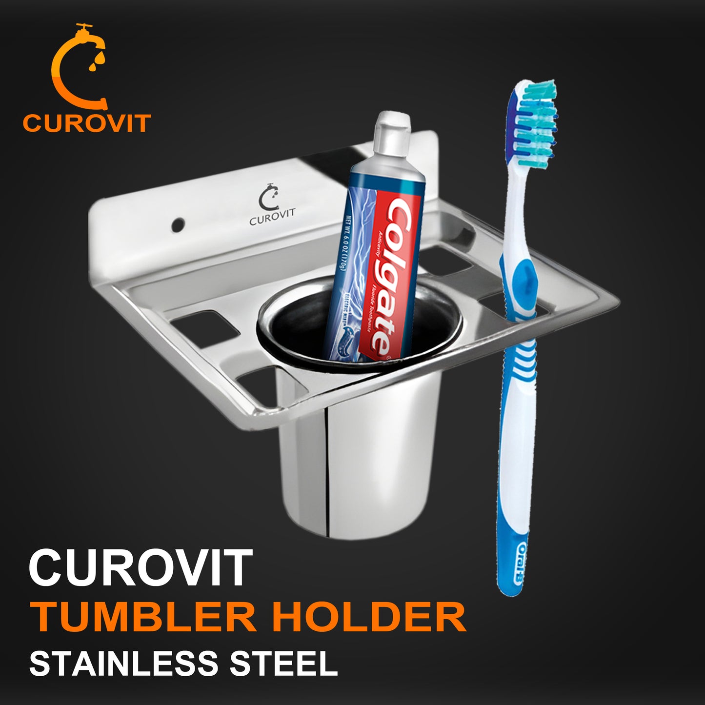 CUROVIT Stainless Steel Qube Wall Mounted Tumbler Holder/Brush Holder/Paste Holder for Bathroom & Home Accessories