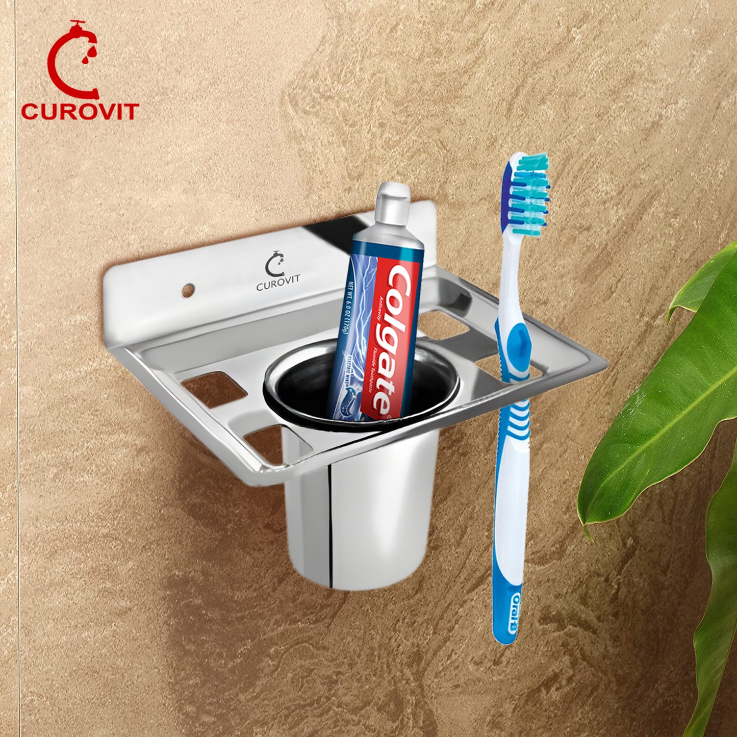 CUROVIT Stainless Steel Qube Wall Mounted Tumbler Holder/Brush Holder/Paste Holder for Bathroom & Home Accessories