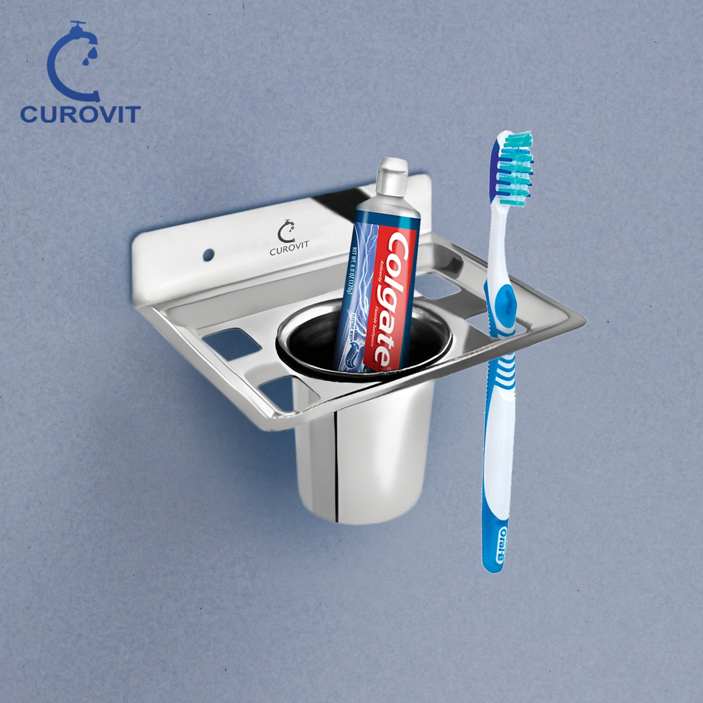 CUROVIT Stainless Steel Qube Wall Mounted Tumbler Holder/Brush Holder/Paste Holder for Bathroom & Home Accessories