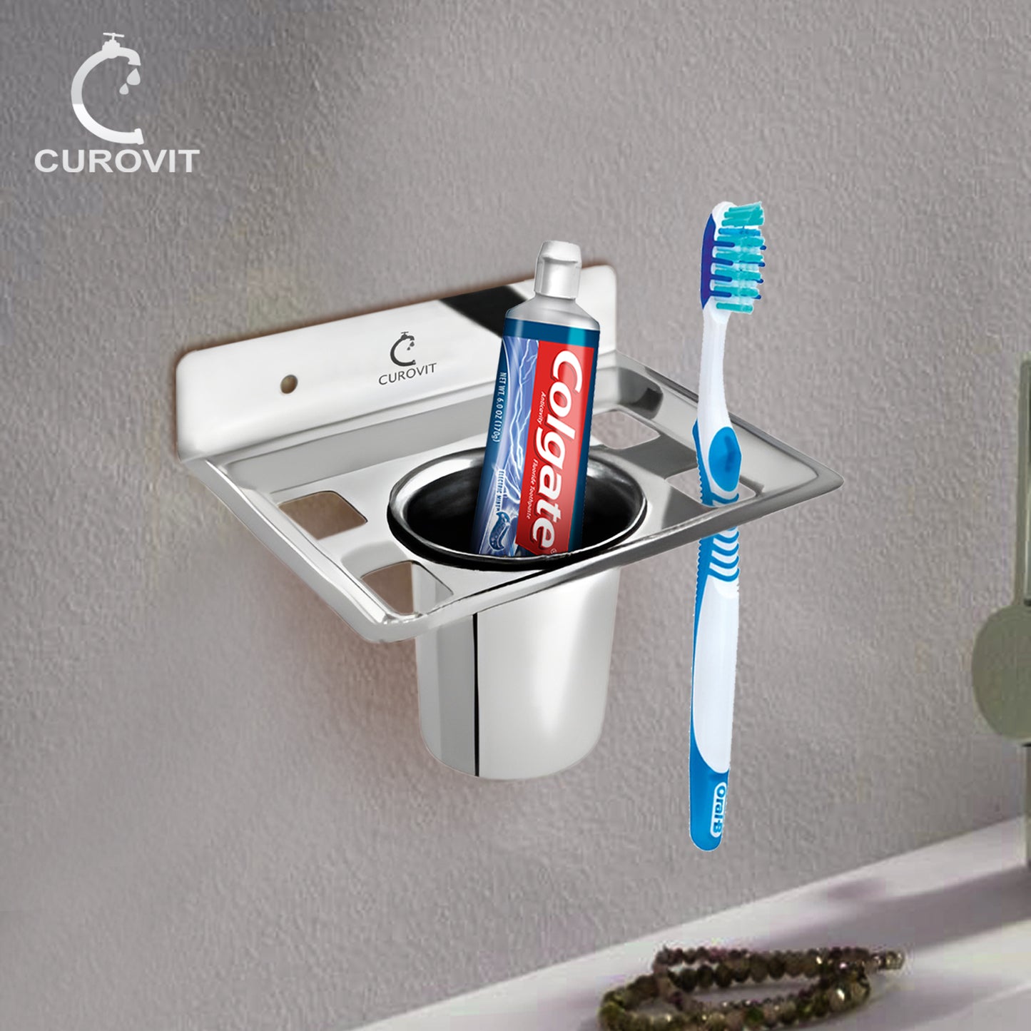 CUROVIT Stainless Steel Qube Wall Mounted Tumbler Holder/Brush Holder/Paste Holder for Bathroom & Home Accessories