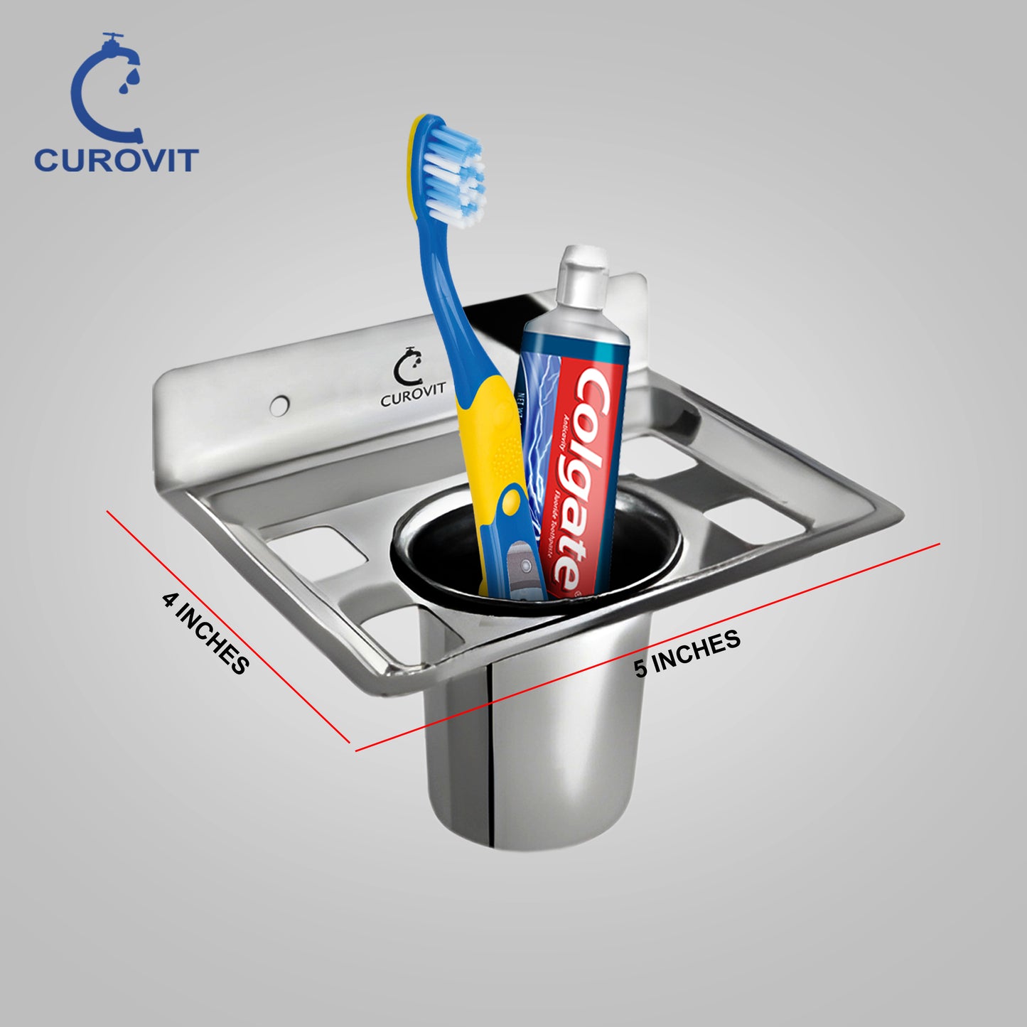 CUROVIT Stainless Steel Qube Wall Mounted Tumbler Holder/Brush Holder/Paste Holder for Bathroom & Home Accessories