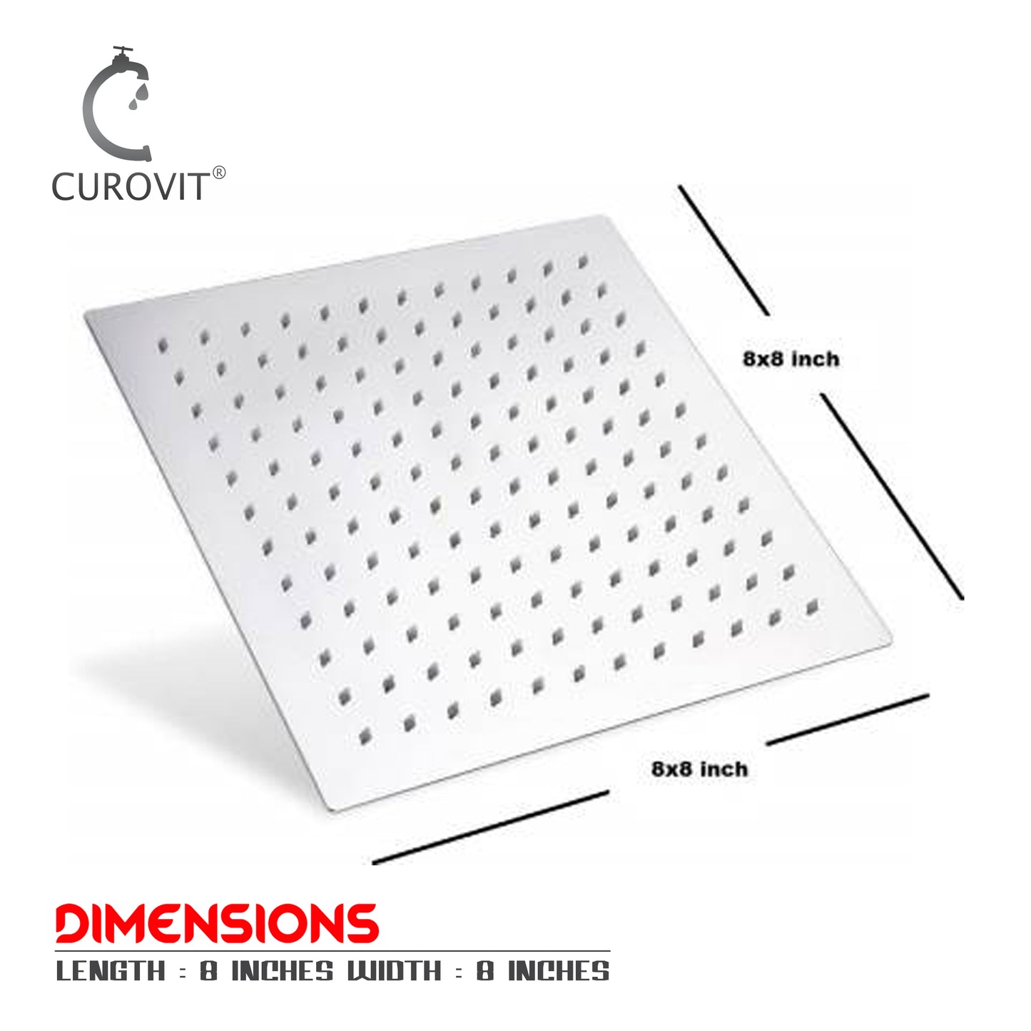 CUROVIT Stainless Steel SUTTON 8" x 8" Square Ultra Slim Overhead Shower / Rain Shower Without Arm in Chrome Finish for Bathroom.