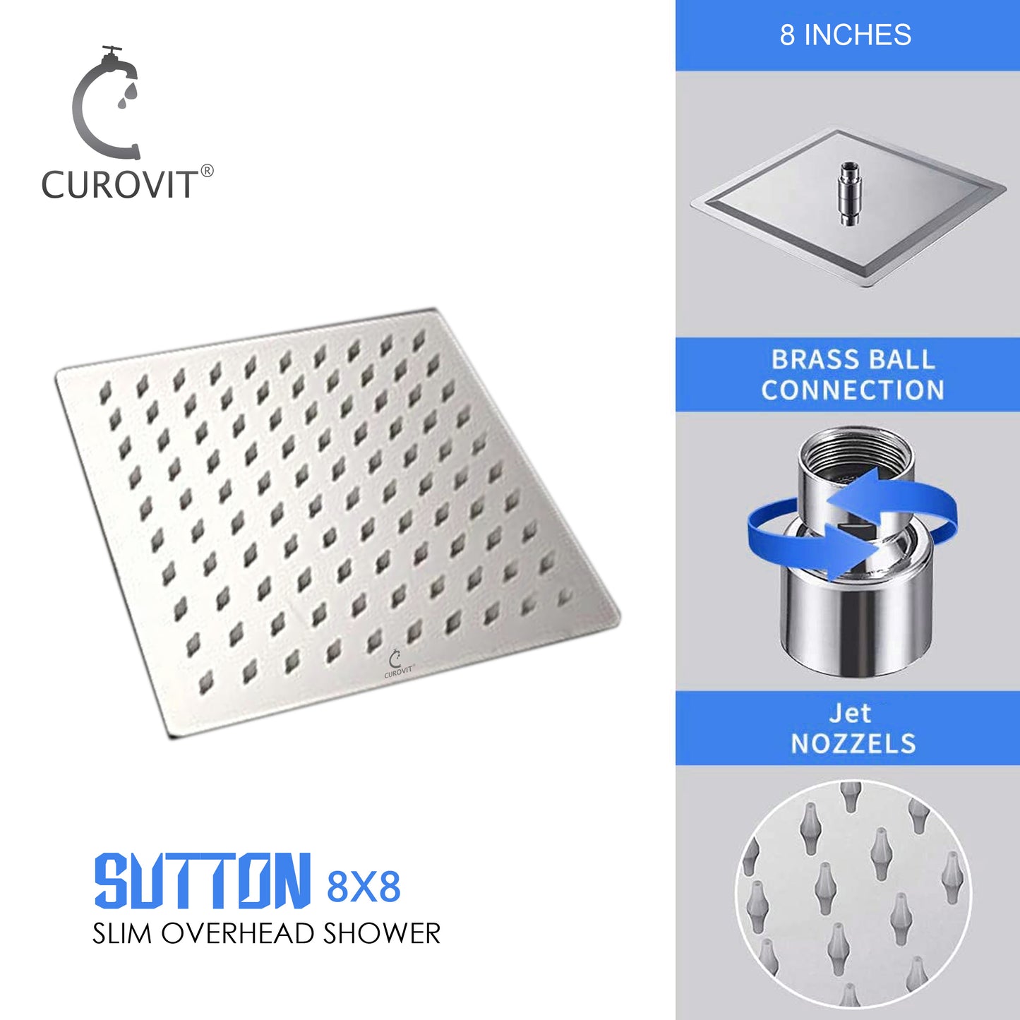 CUROVIT Stainless Steel SUTTON 8" x 8" Square Ultra Slim Overhead Shower / Rain Shower Without Arm in Chrome Finish for Bathroom.