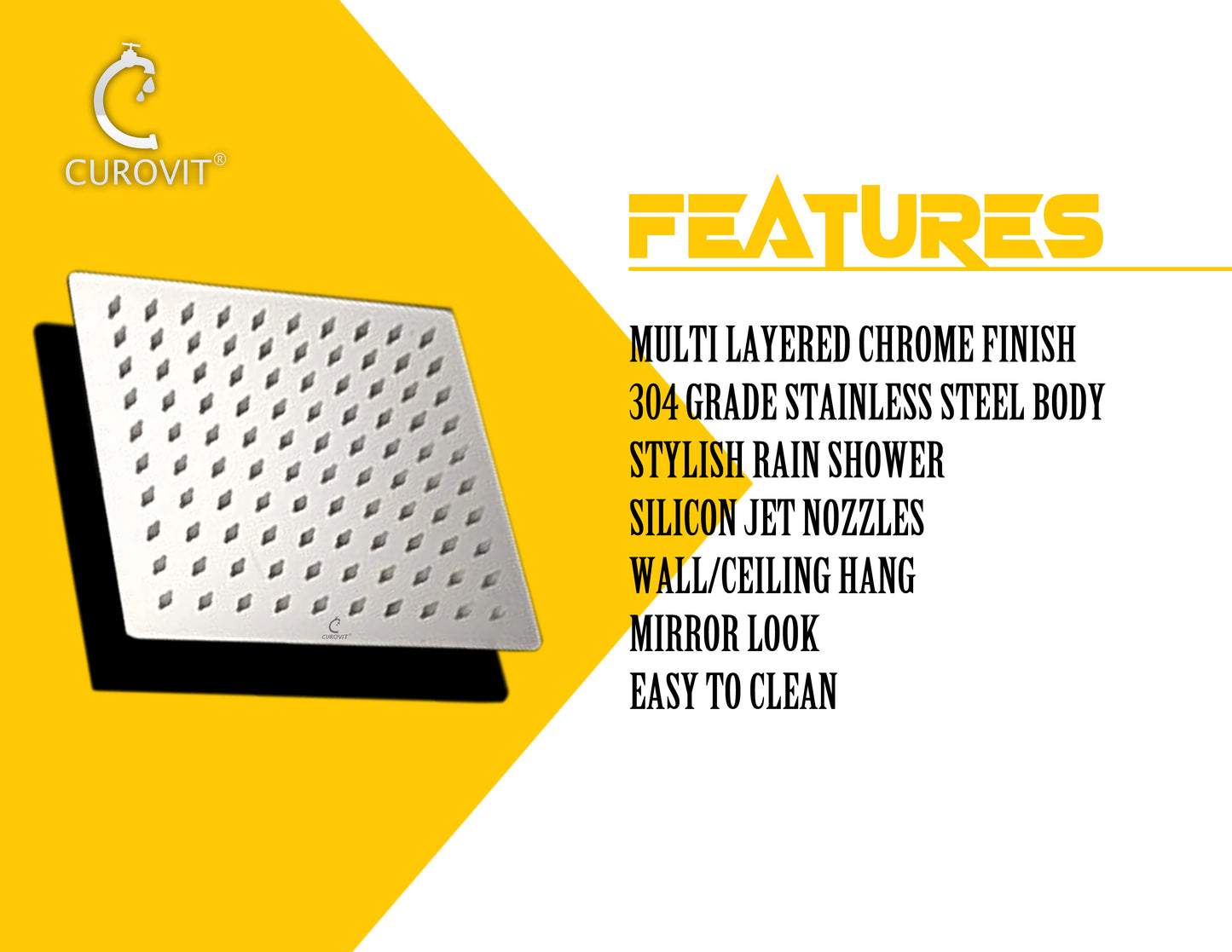 CUROVIT Stainless Steel SUTTON 8" x 8" Square Ultra Slim Overhead Shower / Rain Shower Without Arm in Chrome Finish for Bathroom.