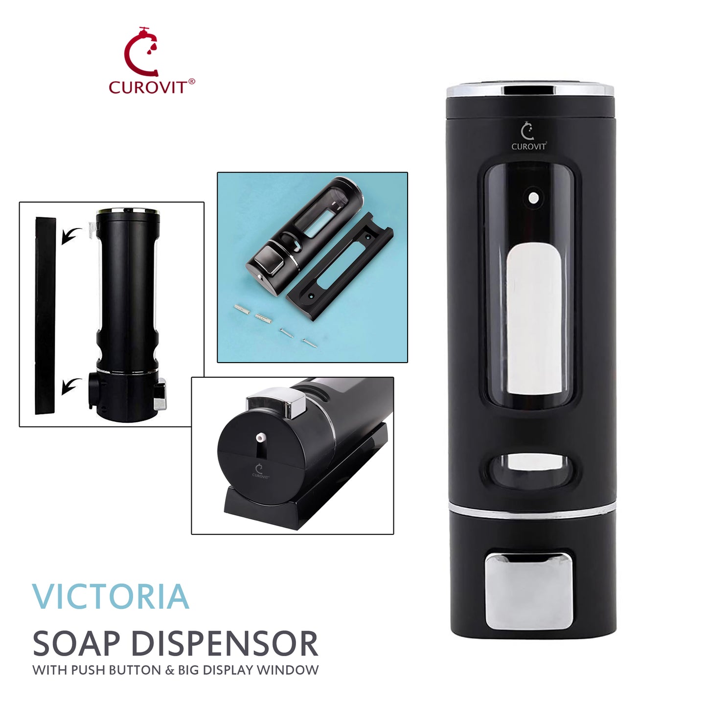 CUROVIT ABS Soap Dispenser 200ml Black in Colour Wall Mounted for Bathroom Kitchen & Wash Area Victoria Model Round in Shape
