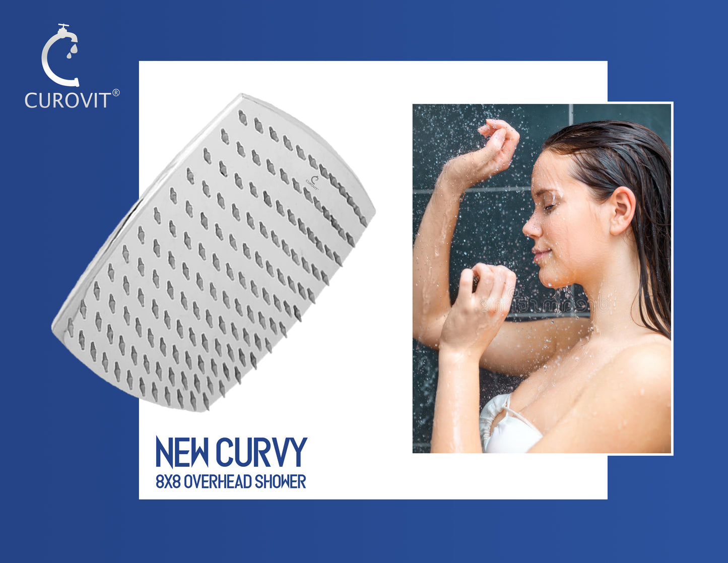 CUROVIT Stainless Steel CURVY 8" x 8" Square Overhead Shower / Rain Shower / Shower Head Without Arm in Chrome Finish for Bathroom.