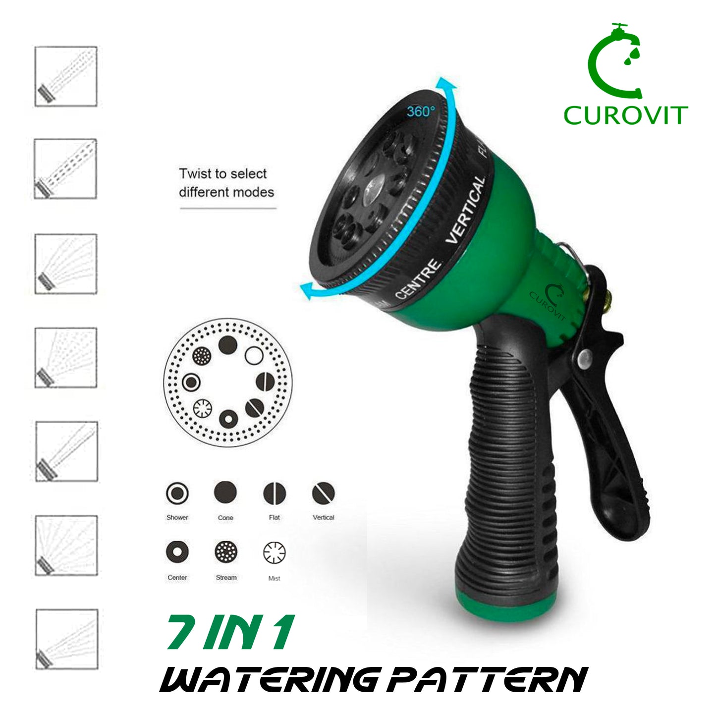CUROVIT ABS 7 Pattrens Adjustable High Pressure Garden Hose Nozzle/Water Spray Gun/Gardening Washing Gun/Multi-functional Watering Nozzle for Watering Plants, Car Washing, Shower Pets.
