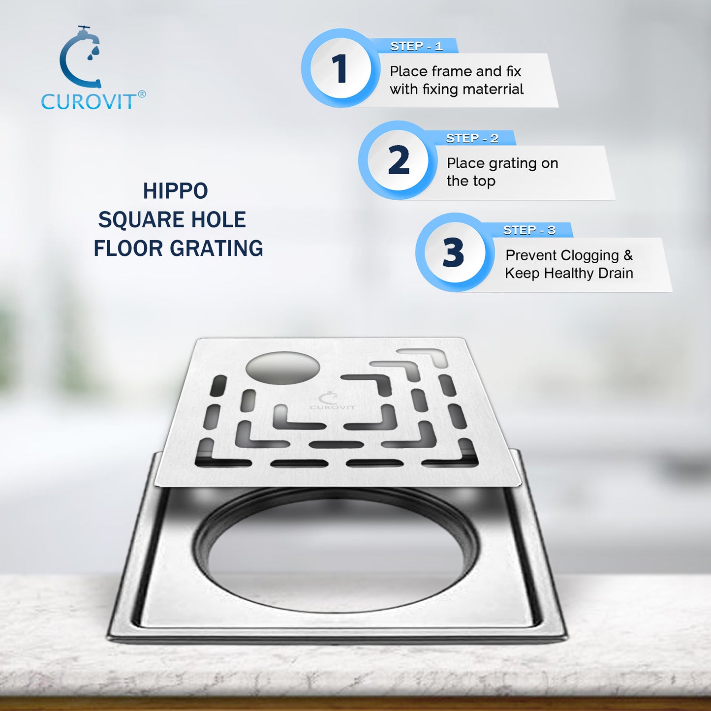 CUROVIT Stainless Steel Drain Strainer 6"x6" Silver in Color Hole Jali for Bathroom Wash Area & Kitchen Hippo Model Square in Shape