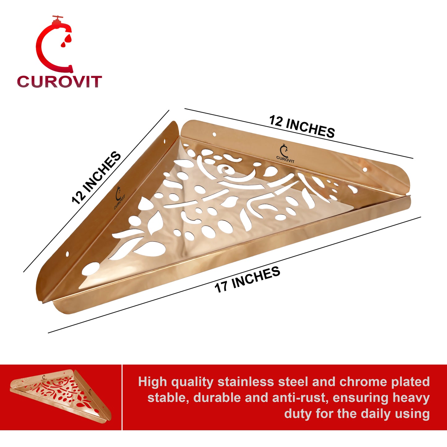 CUROVIT Stainless Steel Rose Gold Corner Shelf 12" (inches) Wall Mounted Fancy Corner Basket / Stylish Corner for Bathroom & Home Accessories