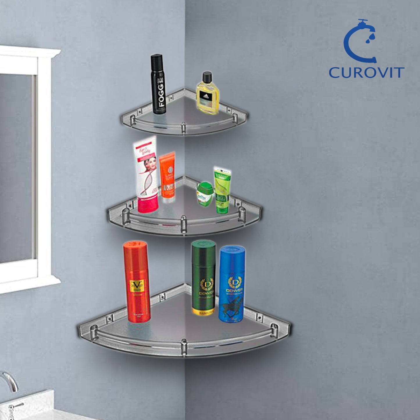 CUROVIT Unbreakable Clear Acrylic Set of 3 Wall Mounted Corner Shelf/Corner Basket/Triangular Corner for Bathroom & Home Accessories - (3 pc Set- 7", 9", 11")