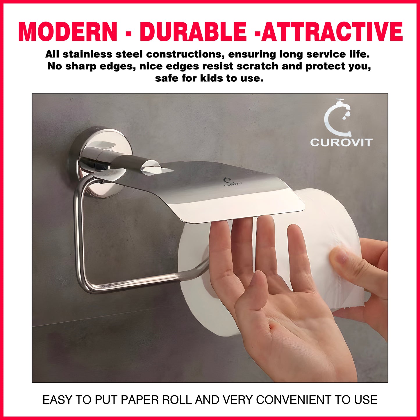 CUROVIT Stainless Steel Flape Wall Mounted Toilet Paper Holder / Tissue Dispenser with Chrome Finish For Toilet Seat in Washroom / Bathroom.