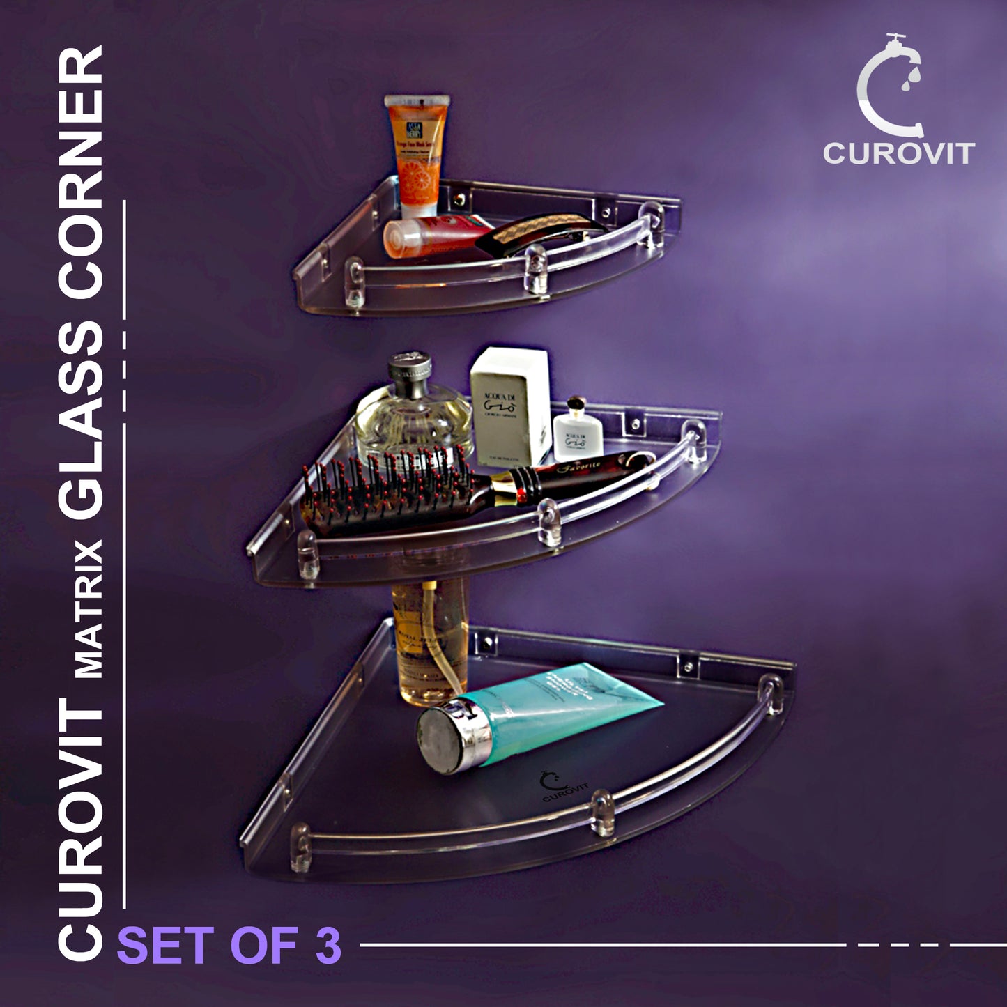 CUROVIT Unbreakable Clear Acrylic Set of 3 Wall Mounted Corner Shelf/Corner Basket/Triangular Corner for Bathroom & Home Accessories - (3 pc Set- 7", 9", 11")