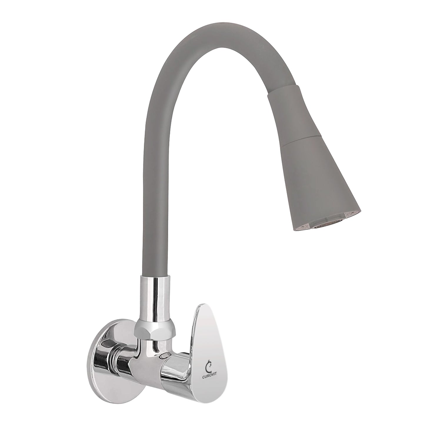 CUROVIT Flexible Brass Wall Mounted Sink Cock with Dual Flow Silver in Color Chrome Finish Swinging Spout Quarter Turn with Wall Flange for Kitchenware (Grey)