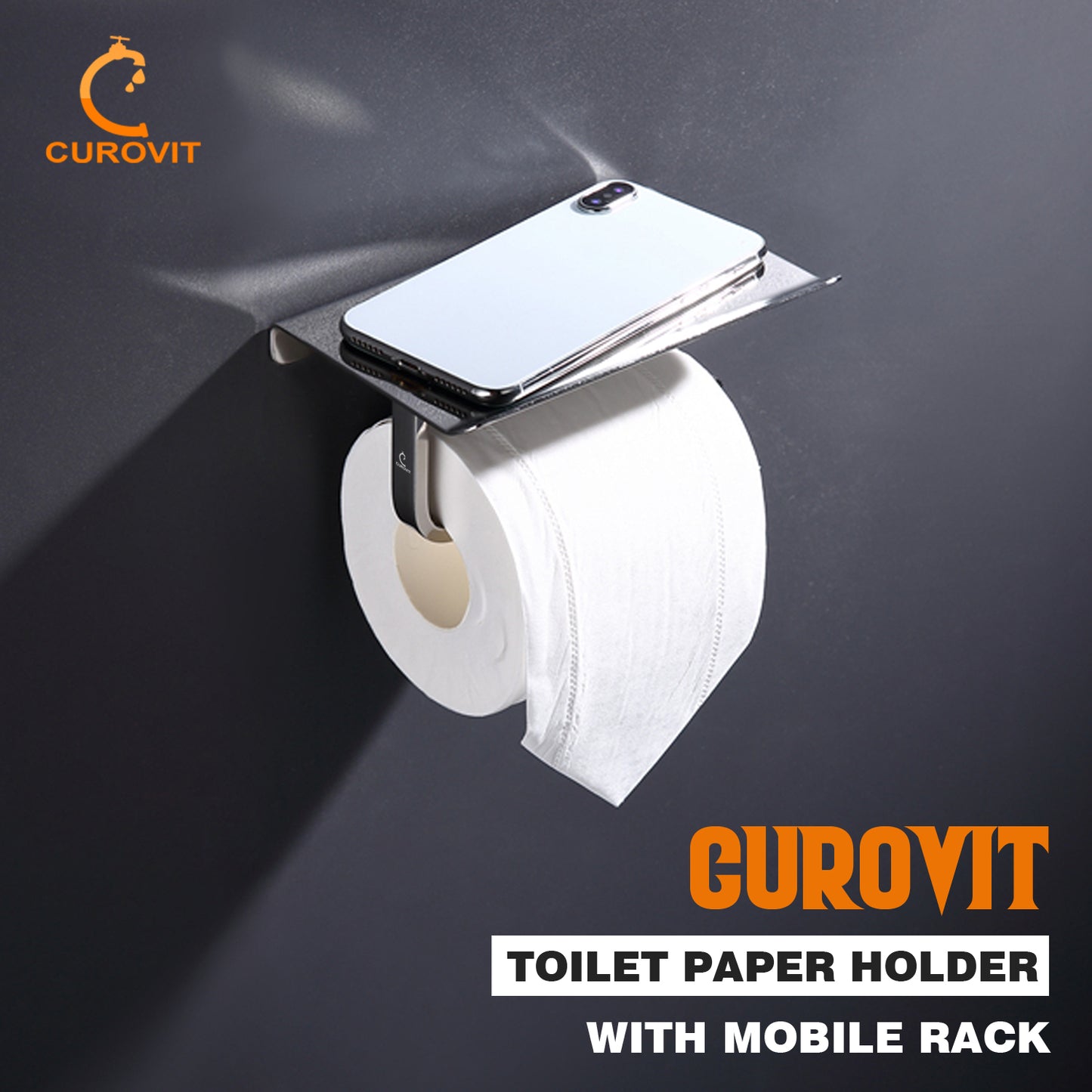 CUROVIT Stainless Steel Mobilo Wall Mounted Toilet Paper Holder with Mobile Stand/Tissue Dispenser with Chrome Finish for Toilet Seat in Washroom/Bathroom.