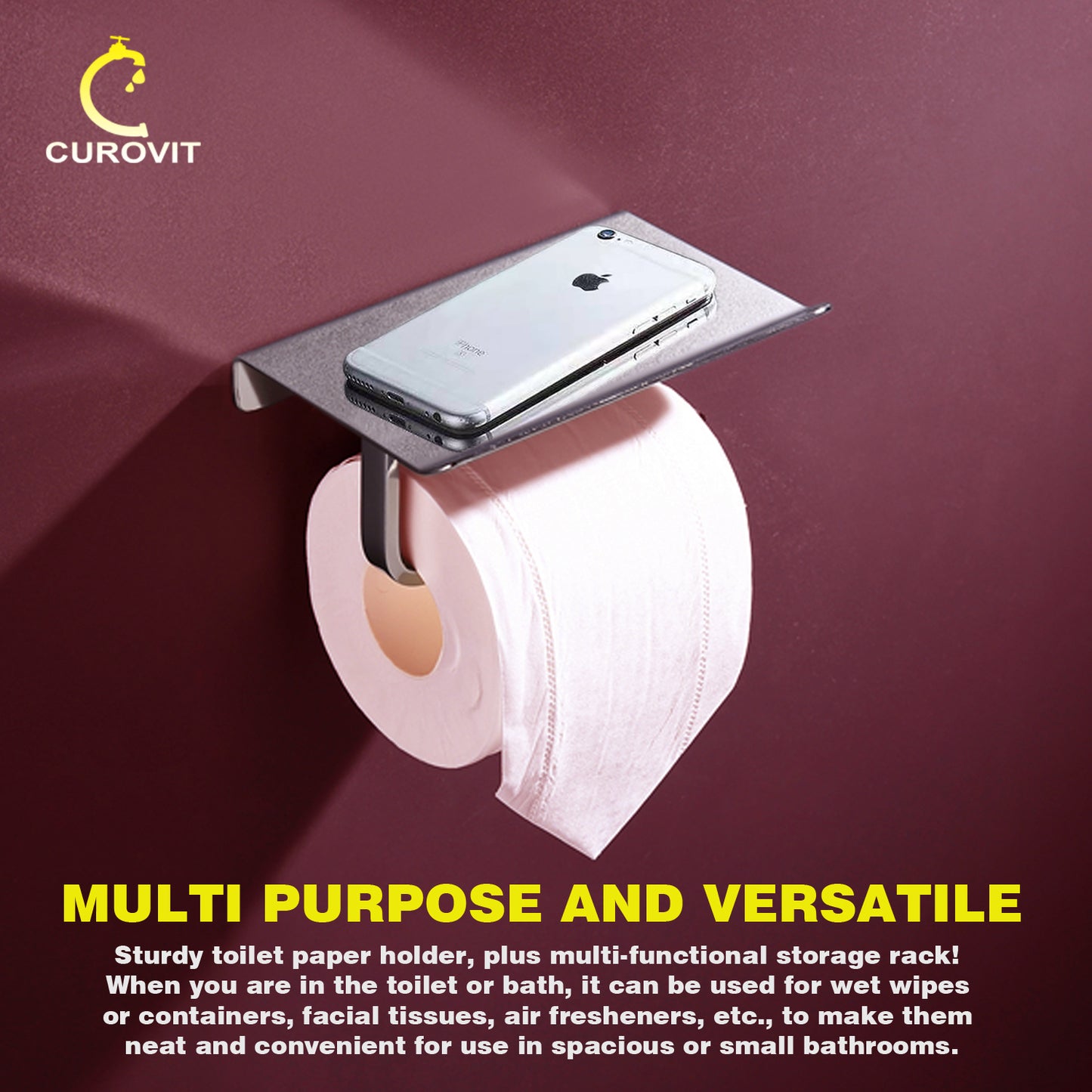 CUROVIT Stainless Steel Mobilo Wall Mounted Toilet Paper Holder with Mobile Stand/Tissue Dispenser with Chrome Finish for Toilet Seat in Washroom/Bathroom.