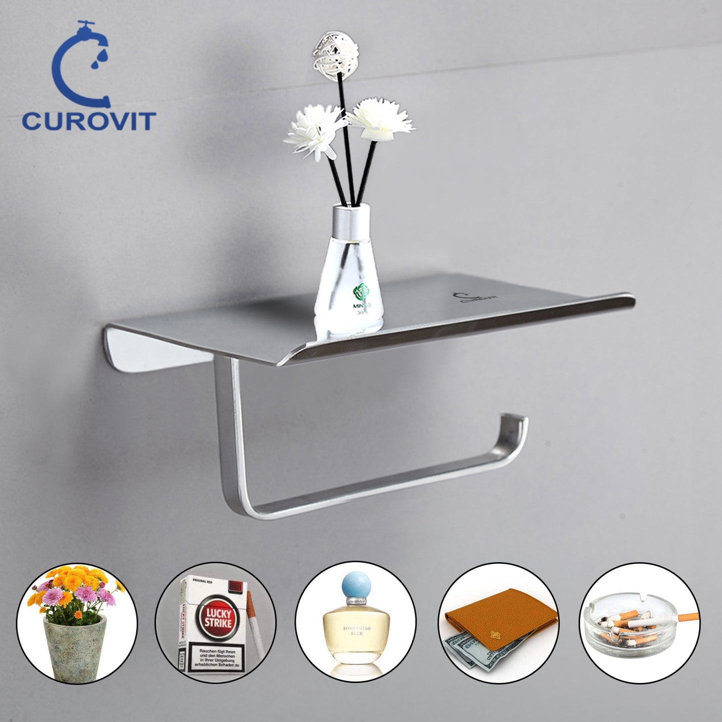 CUROVIT Stainless Steel Mobilo Wall Mounted Toilet Paper Holder with Mobile Stand/Tissue Dispenser with Chrome Finish for Toilet Seat in Washroom/Bathroom.