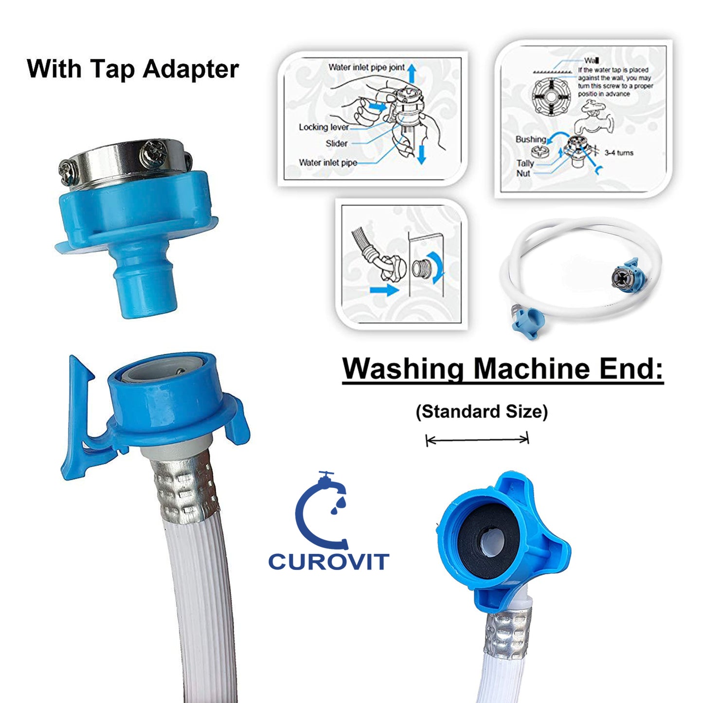 CUROVIT PVC Washing Machine 2 Meter Flexible Water Inlet Pipe with Tap adaptor / Connector Water Hose / Inflow Pipe Suitable for Fully Automatic Washing Machine (White)