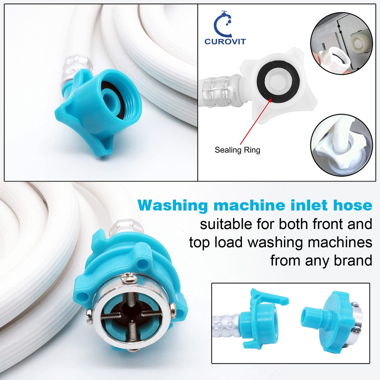 CUROVIT PVC Washing Machine 2 Meter Flexible Water Inlet Pipe with Tap adaptor / Connector Water Hose / Inflow Pipe Suitable for Fully Automatic Washing Machine (White)