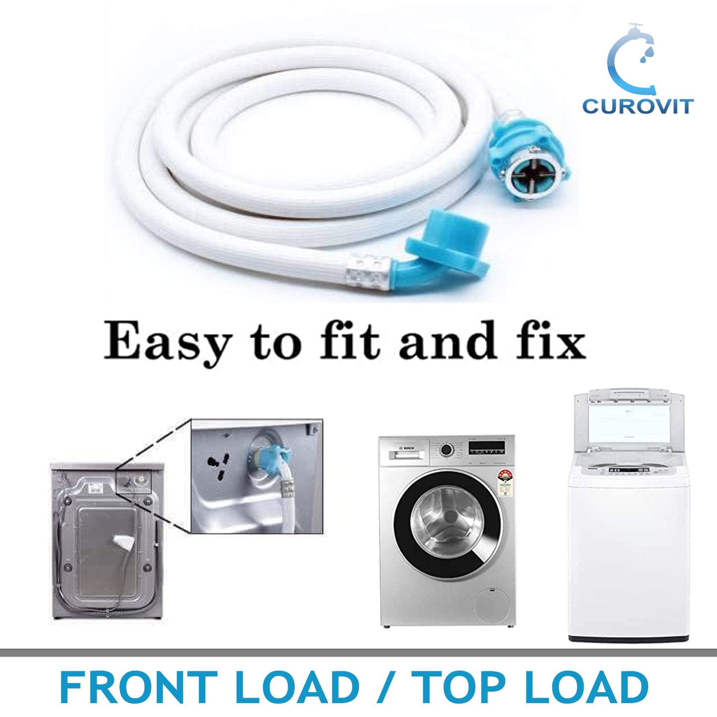 CUROVIT PVC Washing Machine 2 Meter Flexible Water Inlet Pipe with Tap adaptor / Connector Water Hose / Inflow Pipe Suitable for Fully Automatic Washing Machine (White)