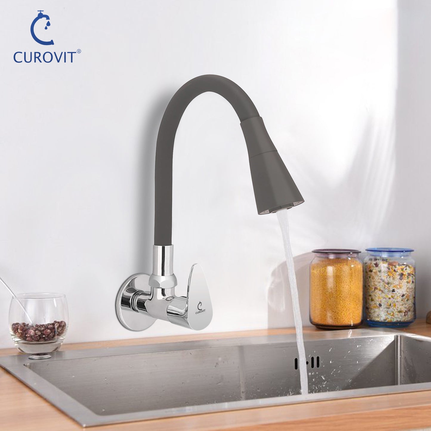 CUROVIT Flexible Brass Wall Mounted Sink Cock with Dual Flow Silver in Color Chrome Finish Swinging Spout Quarter Turn with Wall Flange for Kitchenware (Grey)