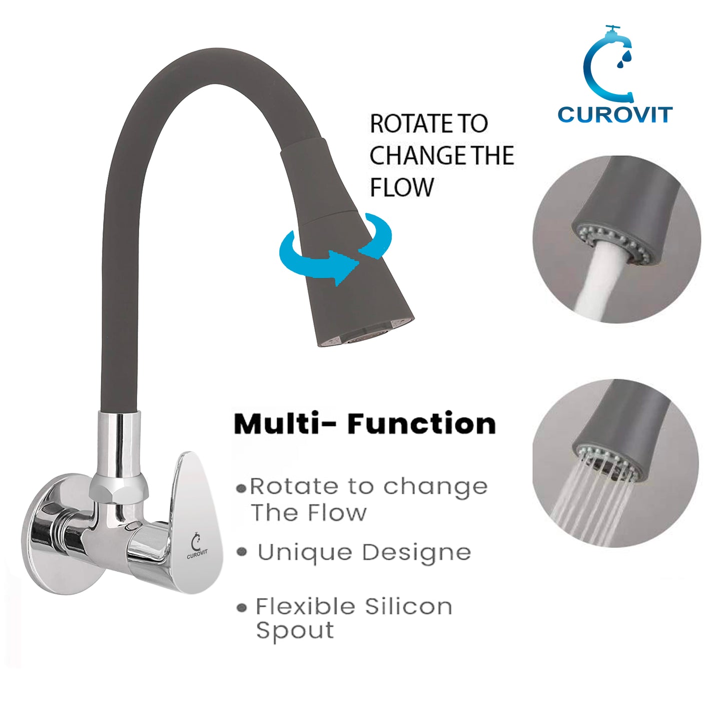 CUROVIT Flexible Brass Wall Mounted Sink Cock with Dual Flow Silver in Color Chrome Finish Swinging Spout Quarter Turn with Wall Flange for Kitchenware (Grey)