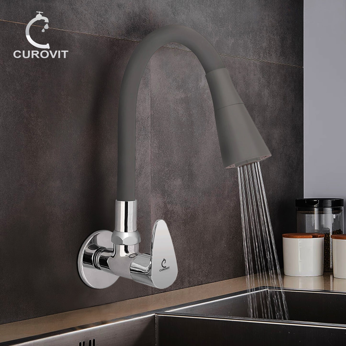 CUROVIT Flexible Brass Wall Mounted Sink Cock with Dual Flow Silver in Color Chrome Finish Swinging Spout Quarter Turn with Wall Flange for Kitchenware (Grey)