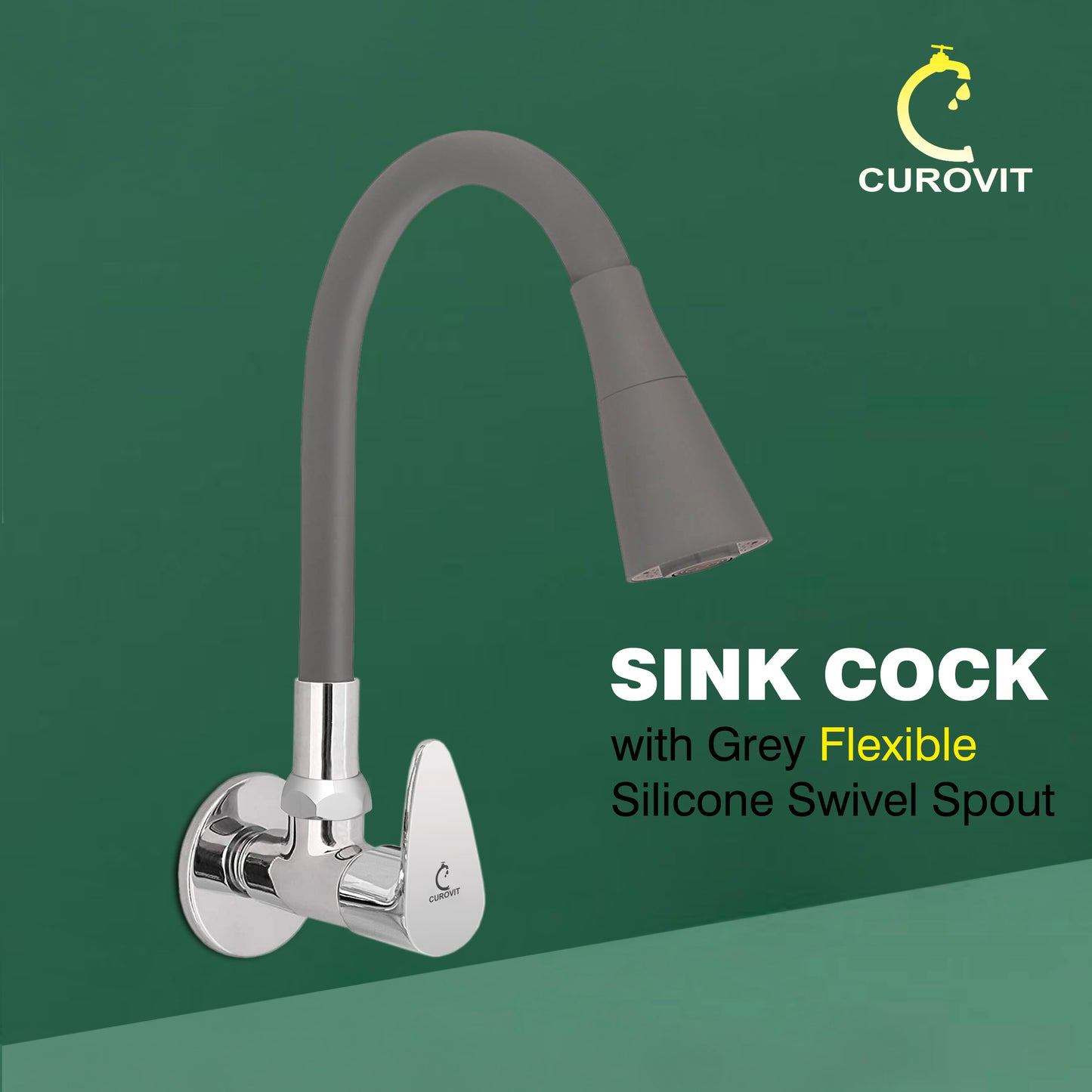 CUROVIT Flexible Brass Wall Mounted Sink Cock with Dual Flow Silver in Color Chrome Finish Swinging Spout Quarter Turn with Wall Flange for Kitchenware (Grey)