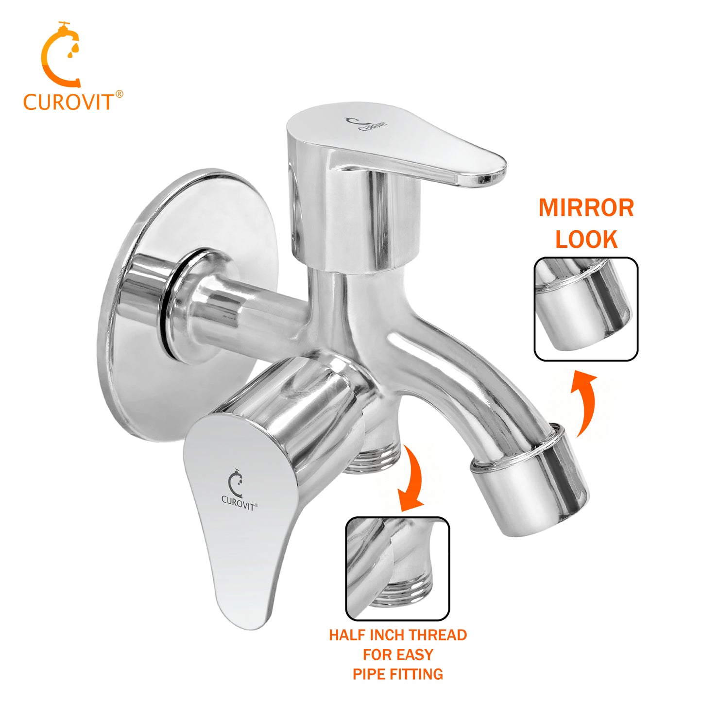 CUROVIT Torrent ZINC ALLOY 2 in 1 Bib Cock Wall Mounted Silver in Color Chrome Finish with Wall Flange Use with Hand Shower & Health Faucet in Bathroom