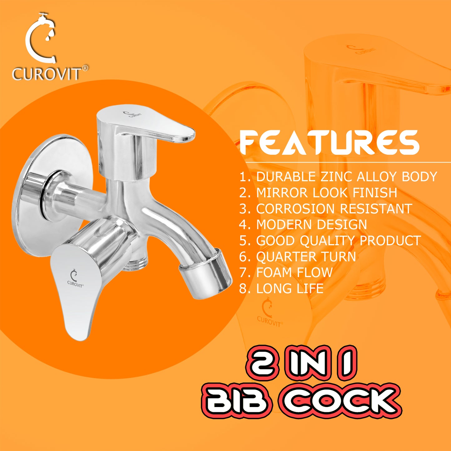 CUROVIT Torrent ZINC ALLOY 2 in 1 Bib Cock Wall Mounted Silver in Color Chrome Finish with Wall Flange Use with Hand Shower & Health Faucet in Bathroom