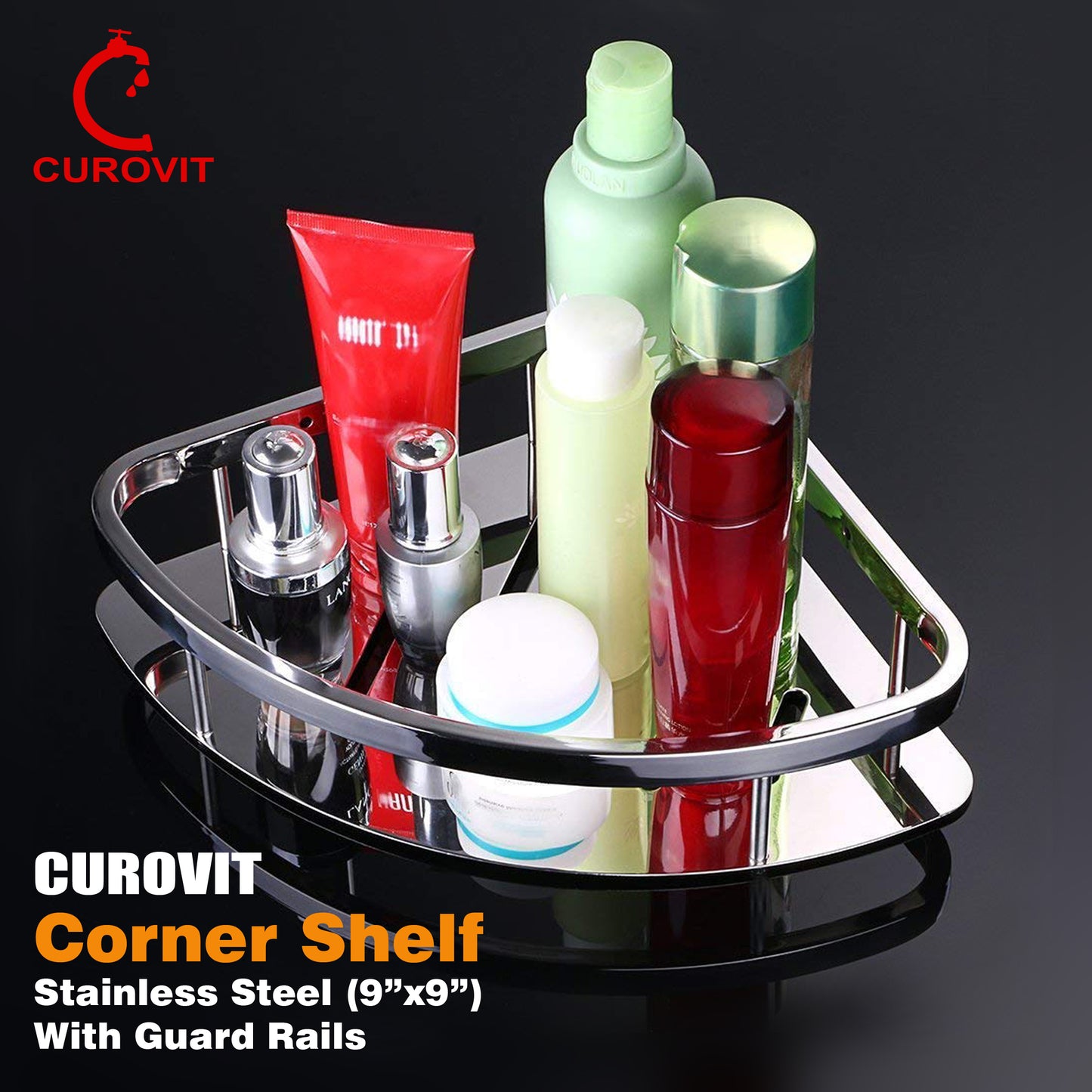 CUROVIT Stainless Steel 304 SUS 9"x9" Corner Shelf Wall Mount Shower Basket Stainless Steel Triangular Chrome Finish for Home Accessories / Bathroom Fittings.