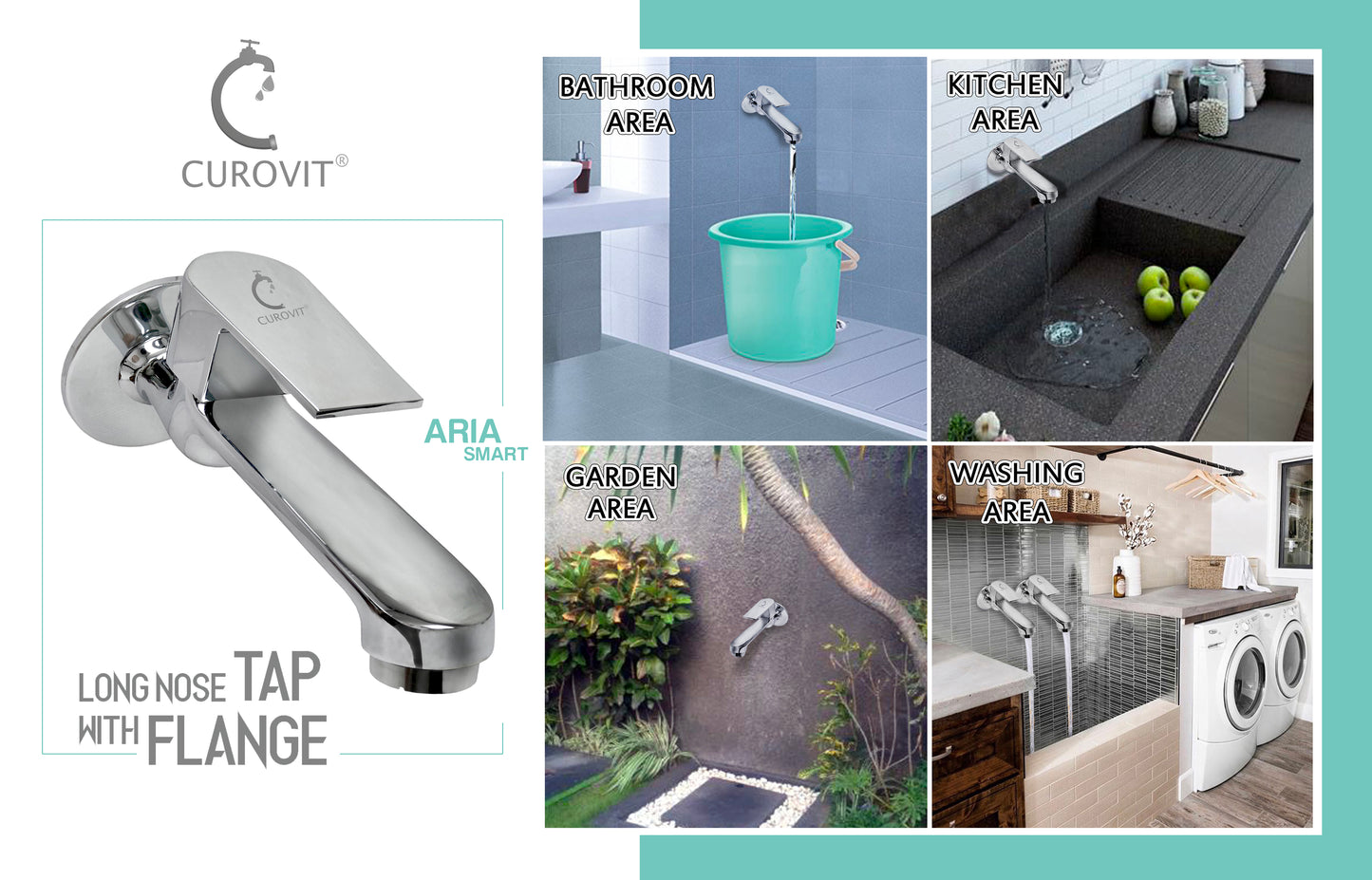 CUROVIT ARIA Smart Long Nose / BIB Cock TAP with Wall Flange Chrome Finish Long Body / Quarter Turn Faucet for Kitchen / Bathroom