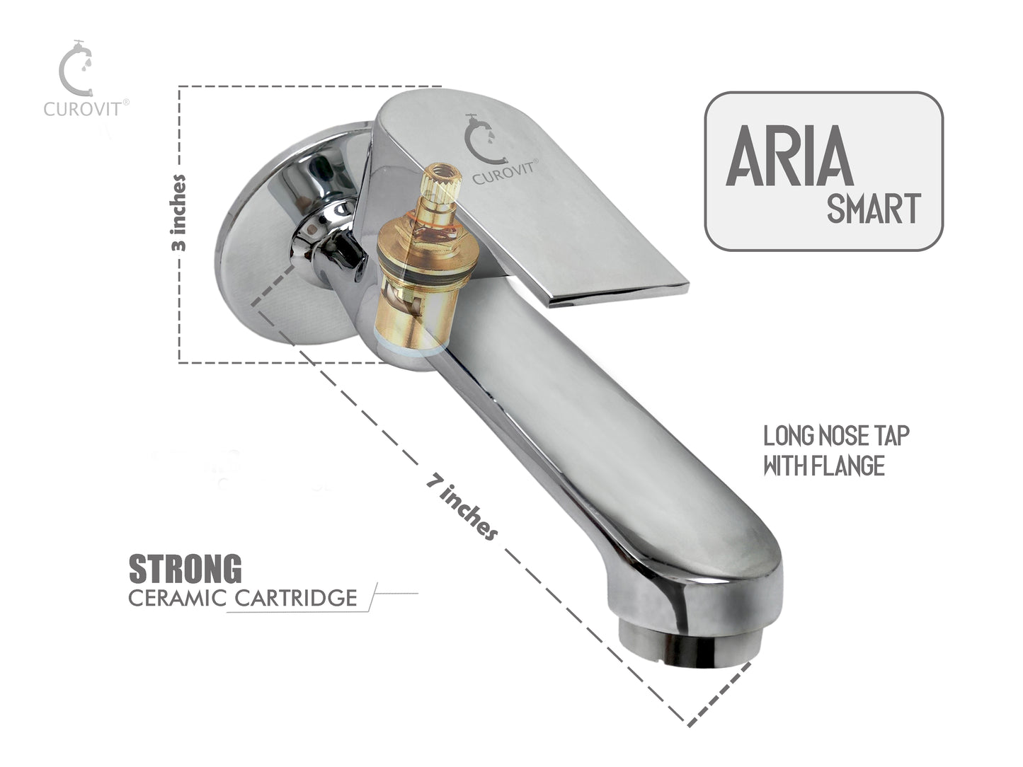 CUROVIT ARIA Smart Long Nose / BIB Cock TAP with Wall Flange Chrome Finish Long Body / Quarter Turn Faucet for Kitchen / Bathroom