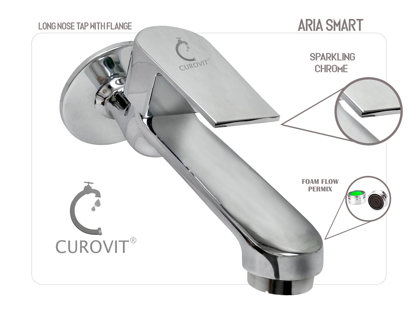 CUROVIT ARIA Smart Long Nose / BIB Cock TAP with Wall Flange Chrome Finish Long Body / Quarter Turn Faucet for Kitchen / Bathroom