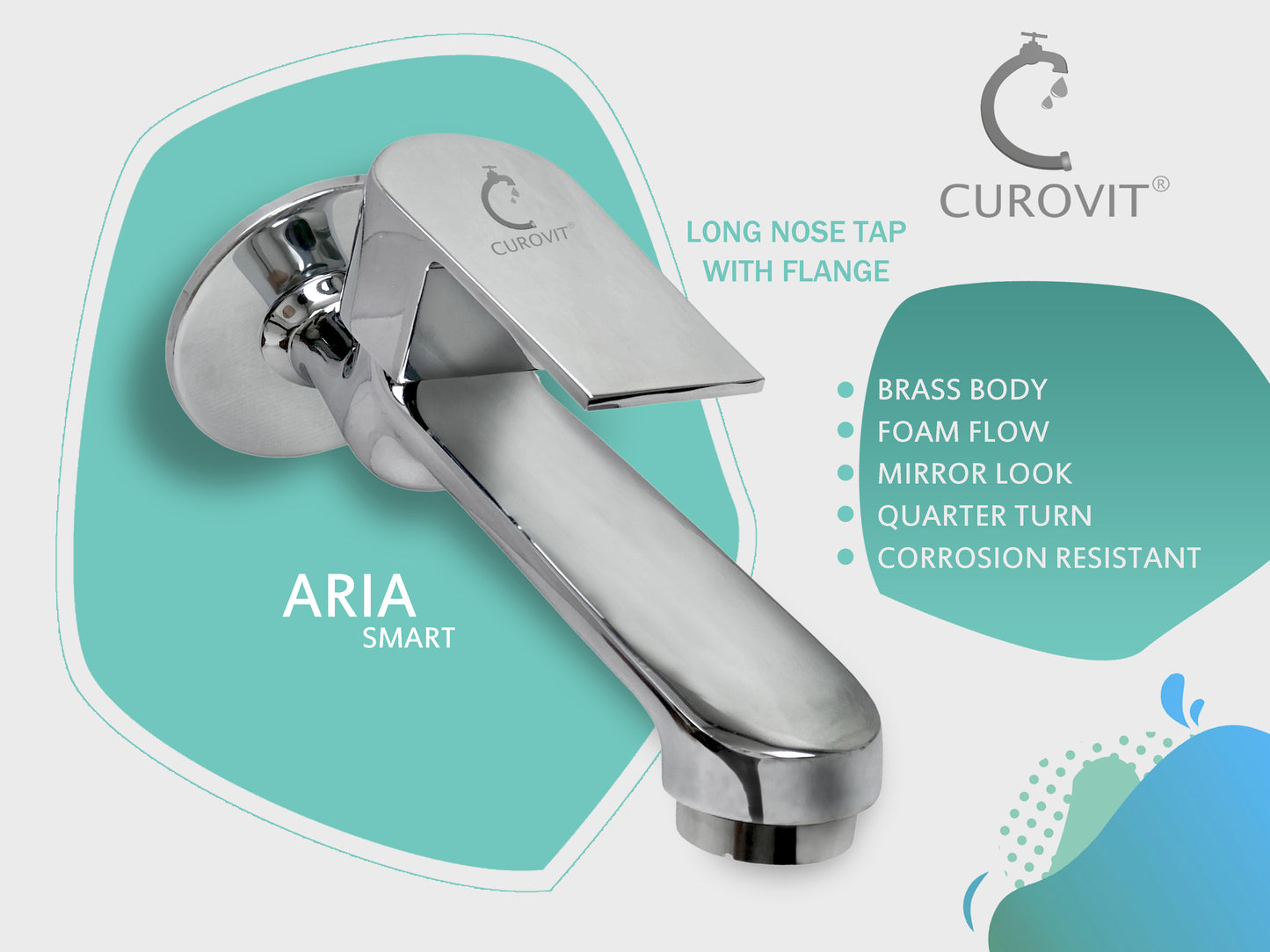 CUROVIT ARIA Smart Long Nose / BIB Cock TAP with Wall Flange Chrome Finish Long Body / Quarter Turn Faucet for Kitchen / Bathroom