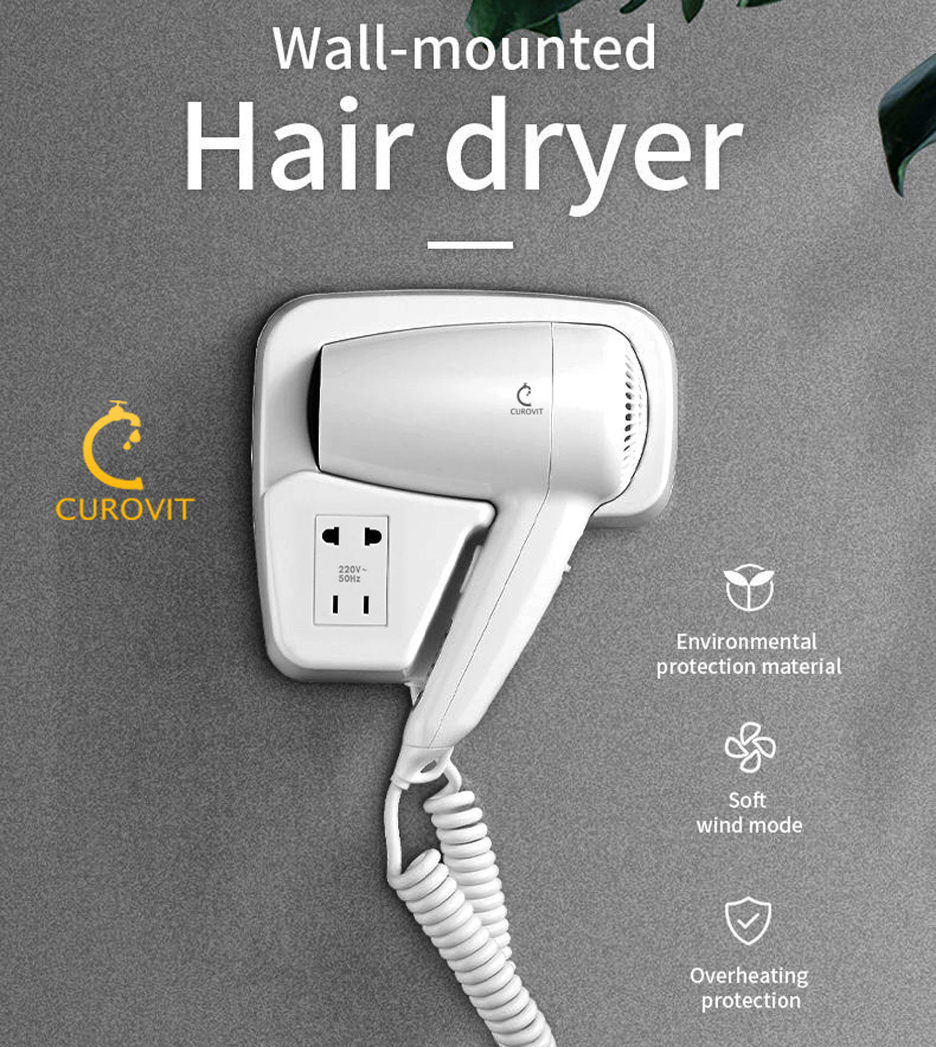 CUROVIT ABS Jace Wall Mounted Hair Dryer with Charging Slot / Electric Skin Dryer for Men & Women Drying Suitable for Hotels / Bathroom / Bedroom / Dressing Room.