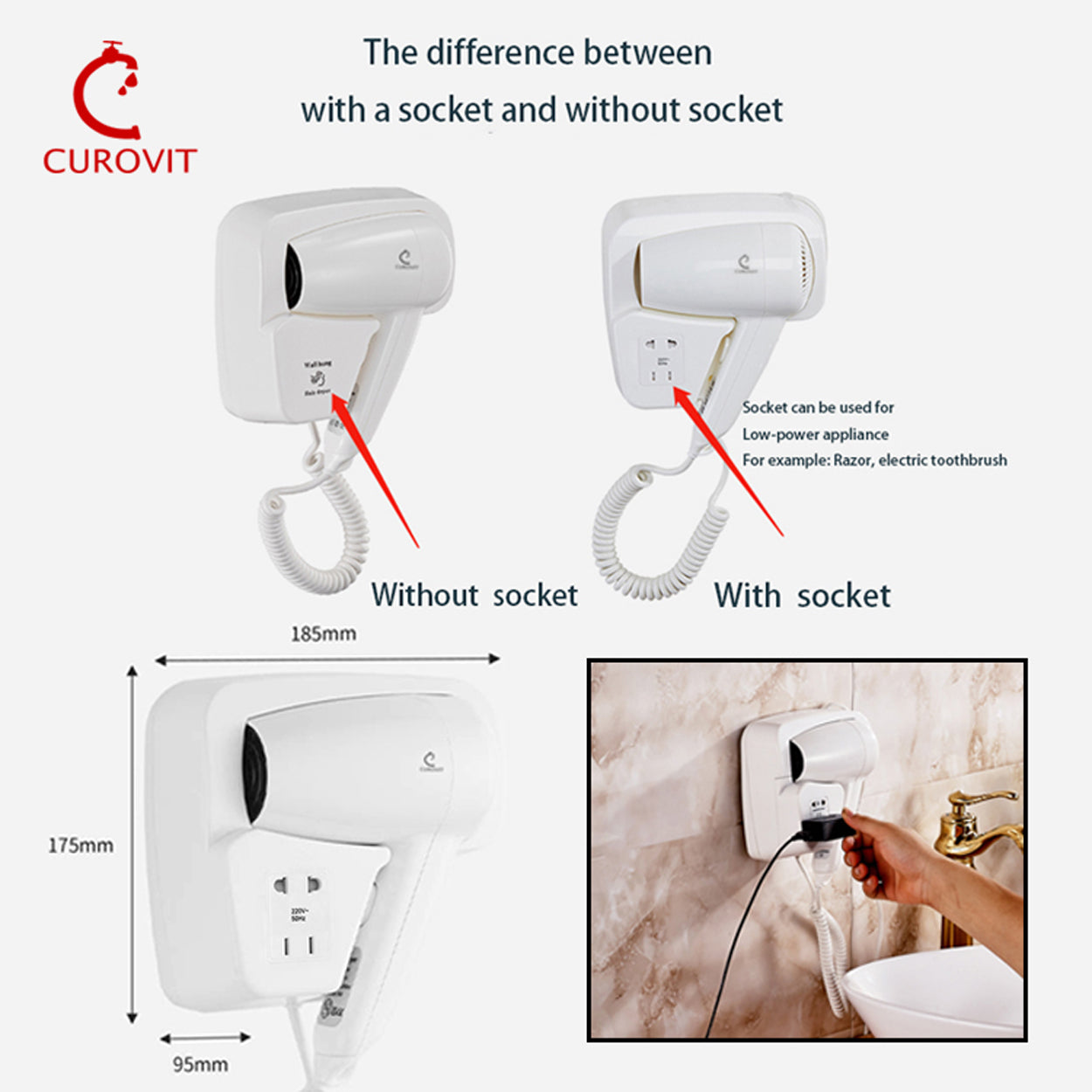 CUROVIT ABS Jace Wall Mounted Hair Dryer with Charging Slot / Electric Skin Dryer for Men & Women Drying Suitable for Hotels / Bathroom / Bedroom / Dressing Room.