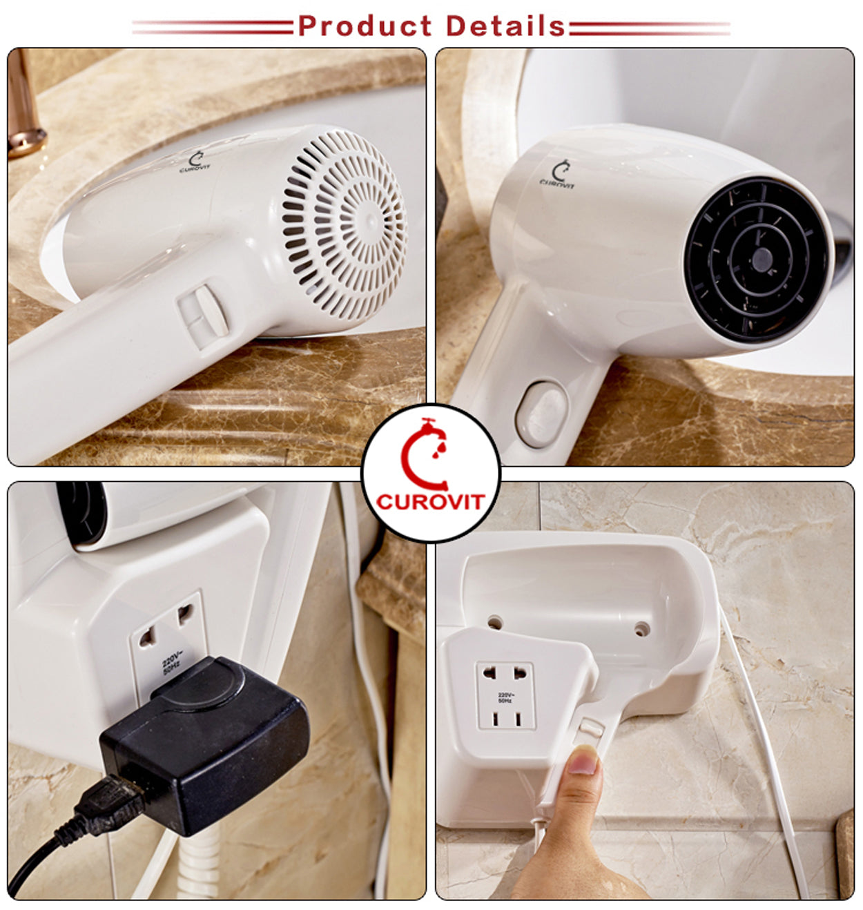 CUROVIT ABS Jace Wall Mounted Hair Dryer with Charging Slot / Electric Skin Dryer for Men & Women Drying Suitable for Hotels / Bathroom / Bedroom / Dressing Room.