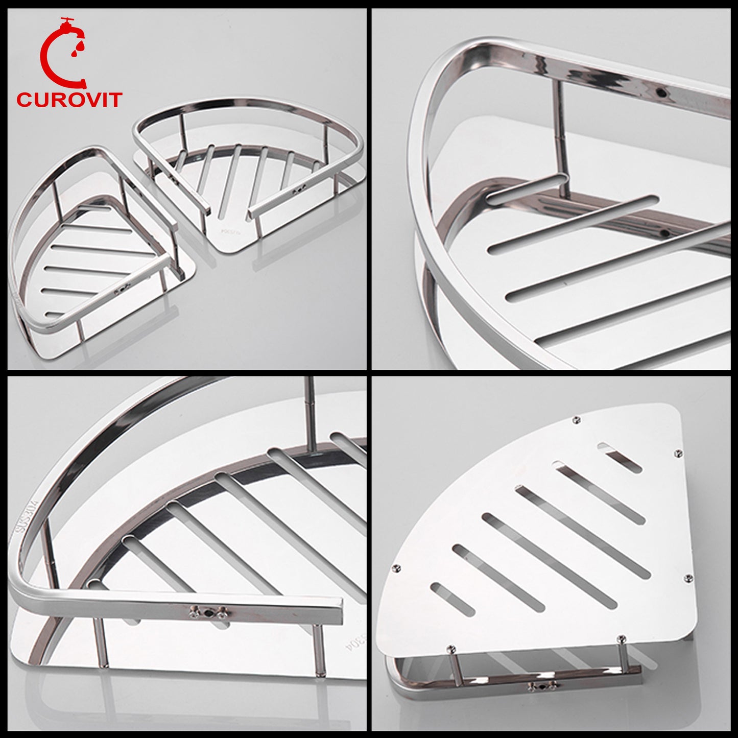 CUROVIT Stainless Steel 304 SUS 9"x9" Corner Shelf Wall Mount Shower Basket Stainless Steel Triangular Chrome Finish for Home Accessories / Bathroom Fittings.