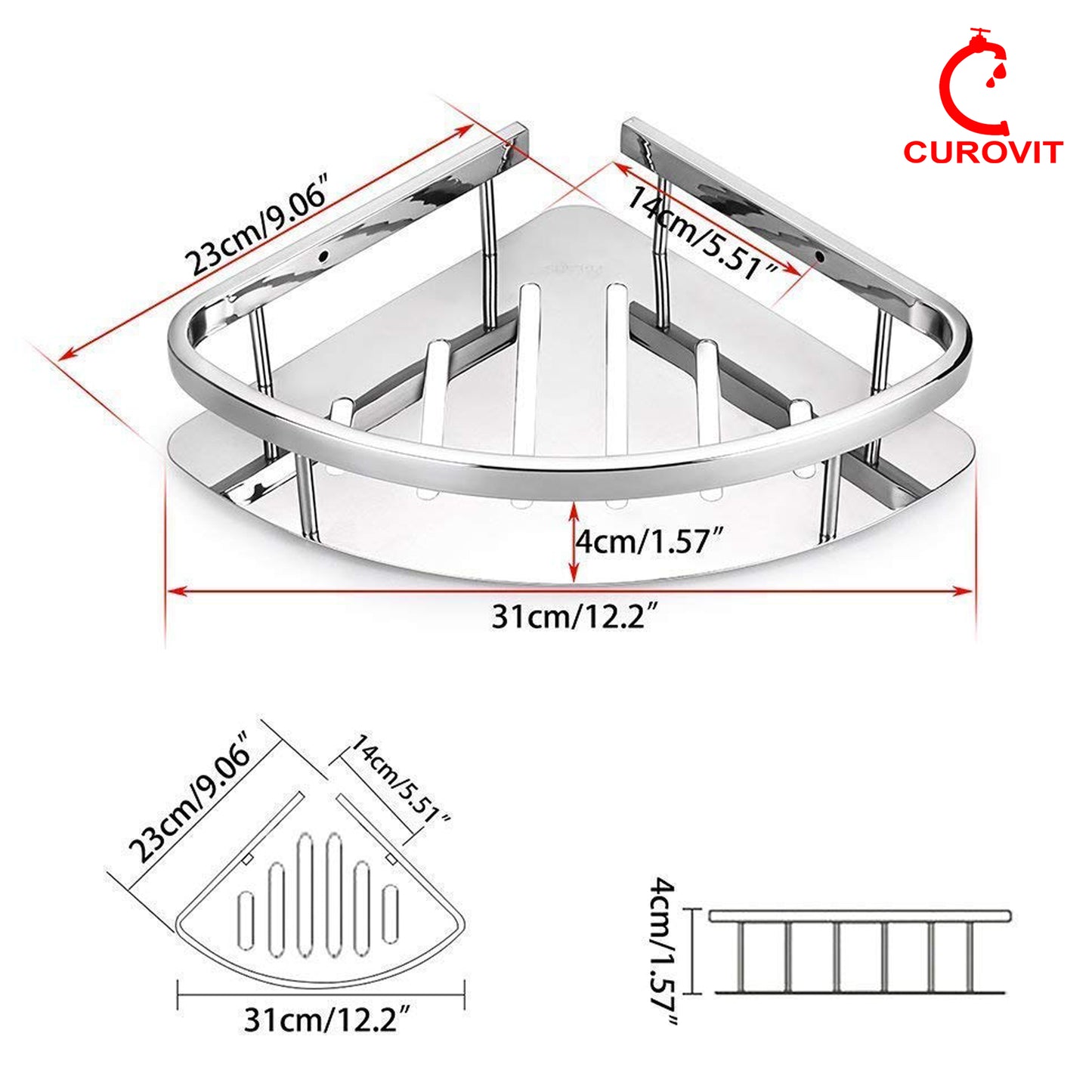 CUROVIT Stainless Steel 304 SUS 9"x9" Corner Shelf Wall Mount Shower Basket Stainless Steel Triangular Chrome Finish for Home Accessories / Bathroom Fittings.