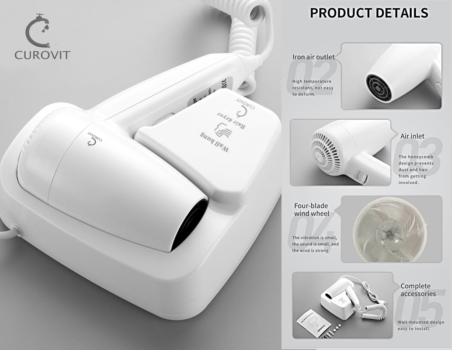 CUROVIT ABS Bancy Wall Mounted Hair Dryer / Electric Skin Dryer with Wall Mounted Holder for Men & Women Drying Suitable for Hotels / Bathroom / Bedroom / Dressing Room.