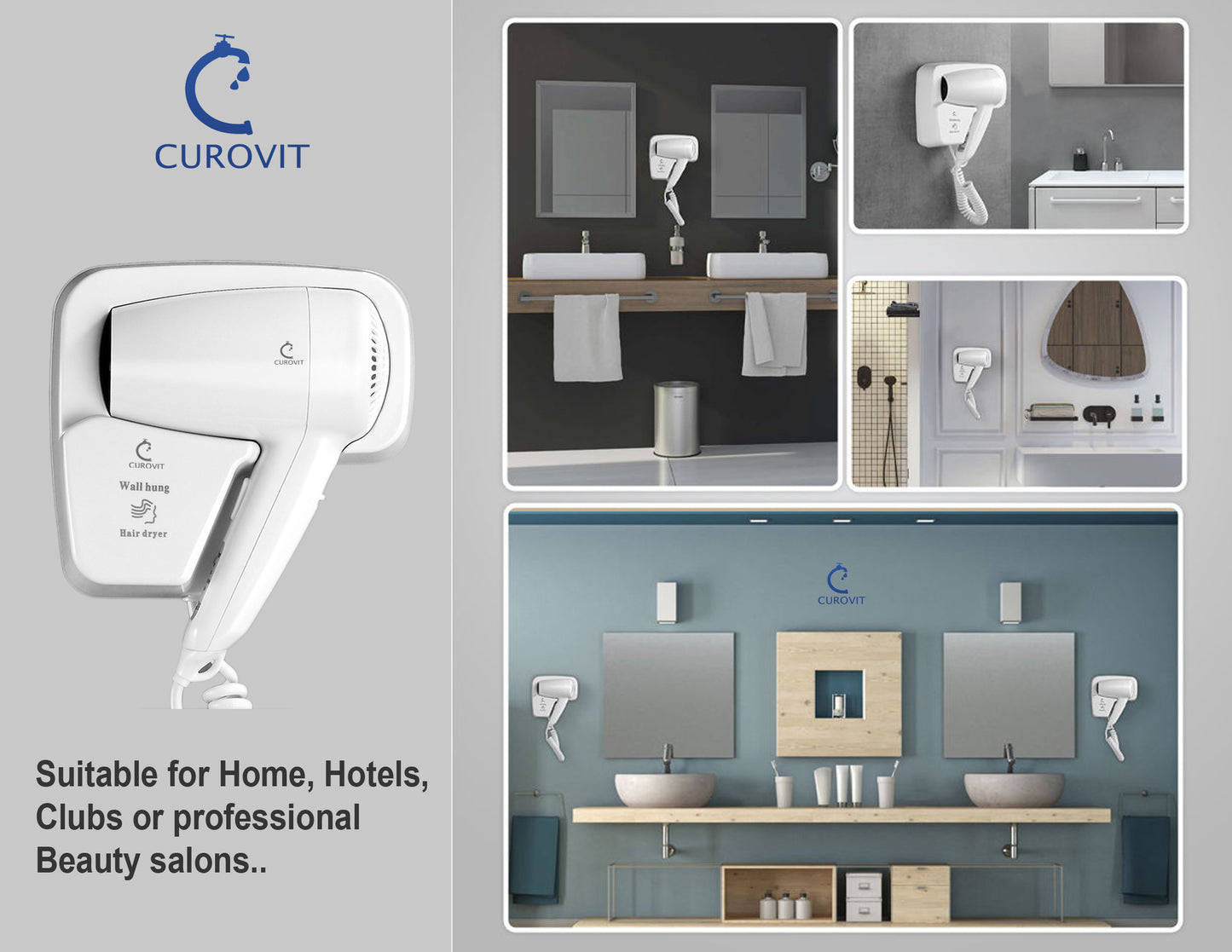 CUROVIT ABS Bancy Wall Mounted Hair Dryer / Electric Skin Dryer with Wall Mounted Holder for Men & Women Drying Suitable for Hotels / Bathroom / Bedroom / Dressing Room.