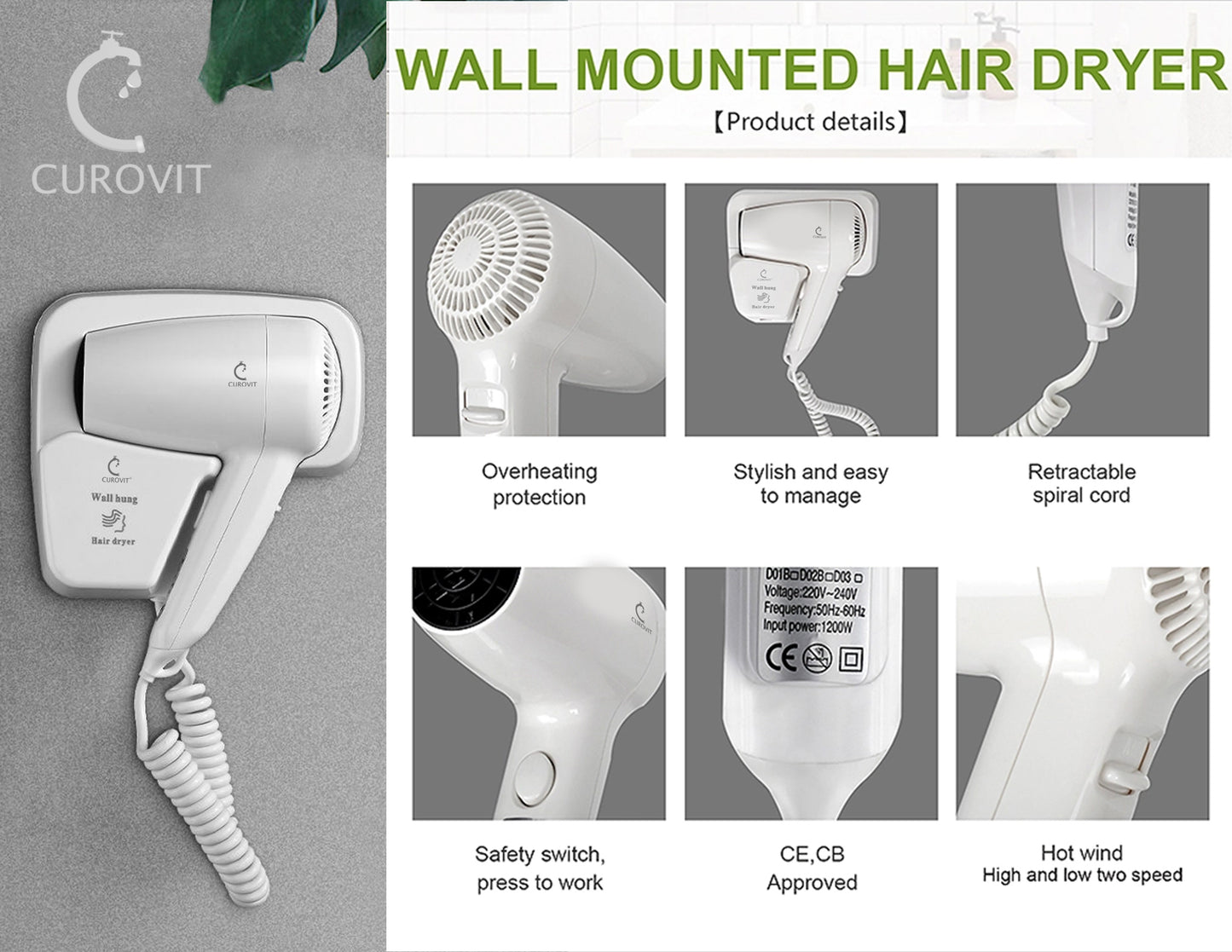 CUROVIT ABS Bancy Wall Mounted Hair Dryer / Electric Skin Dryer with Wall Mounted Holder for Men & Women Drying Suitable for Hotels / Bathroom / Bedroom / Dressing Room.