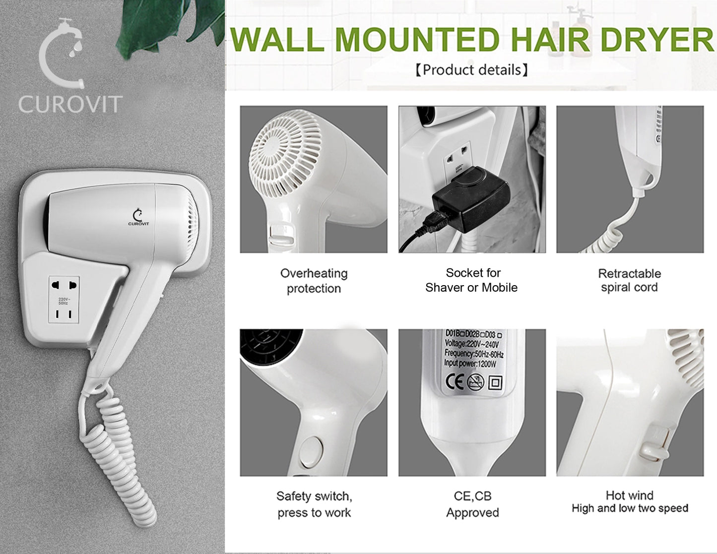 CUROVIT ABS Jace Wall Mounted Hair Dryer with Charging Slot / Electric Skin Dryer for Men & Women Drying Suitable for Hotels / Bathroom / Bedroom / Dressing Room.