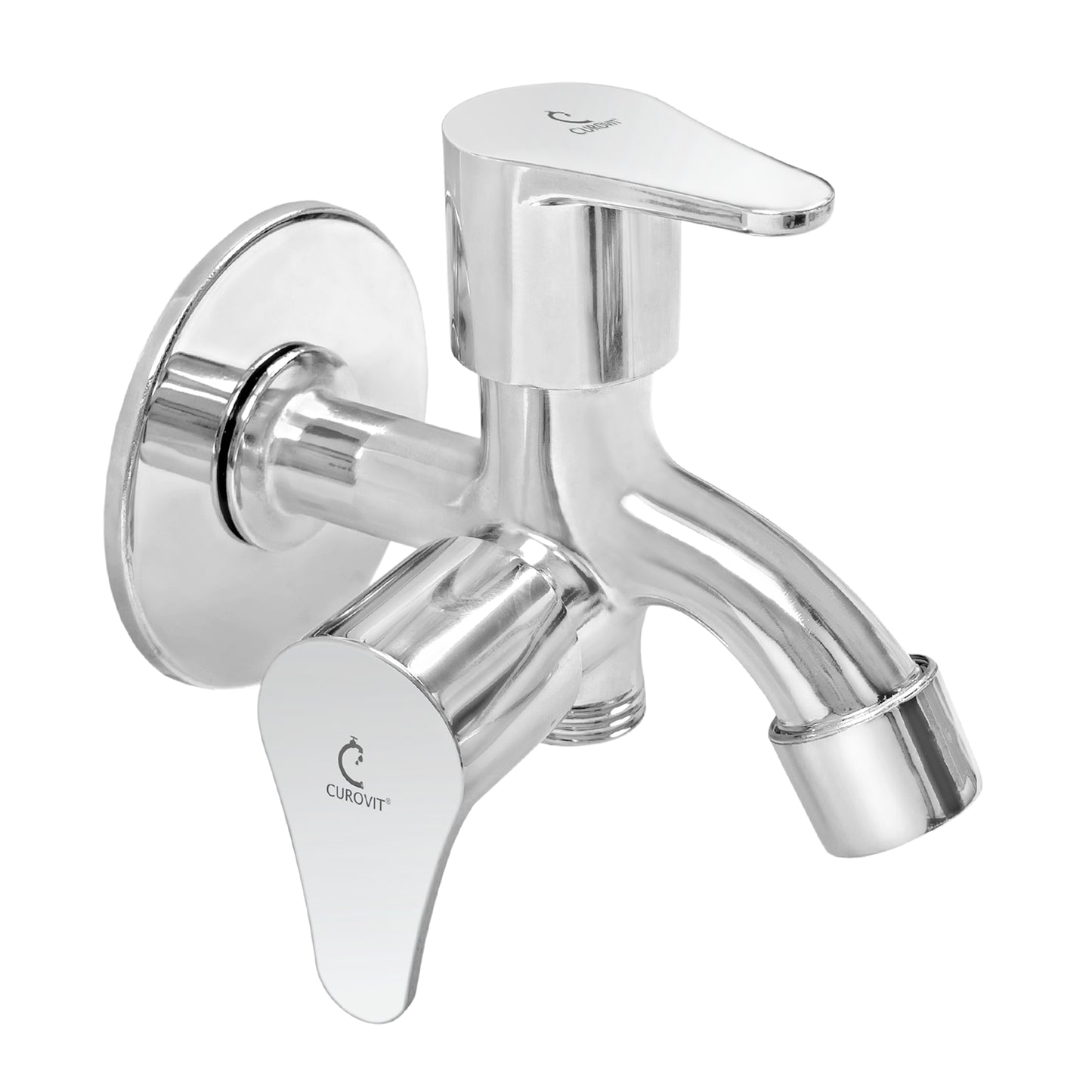 CUROVIT Torrent ZINC ALLOY 2 in 1 Bib Cock Wall Mounted Silver in Color Chrome Finish with Wall Flange Use with Hand Shower & Health Faucet in Bathroom