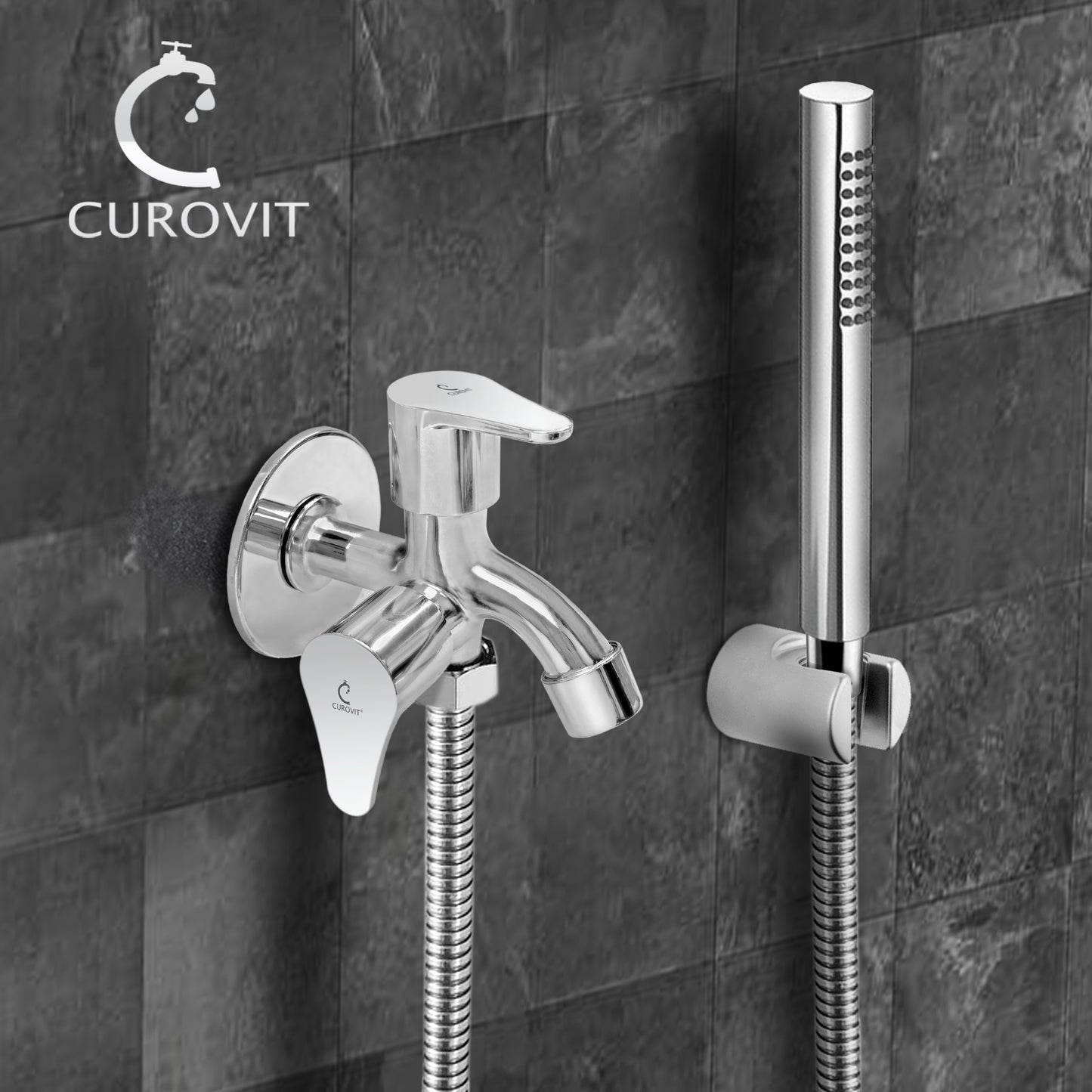 CUROVIT Torrent ZINC ALLOY 2 in 1 Bib Cock Wall Mounted Silver in Color Chrome Finish with Wall Flange Use with Hand Shower & Health Faucet in Bathroom